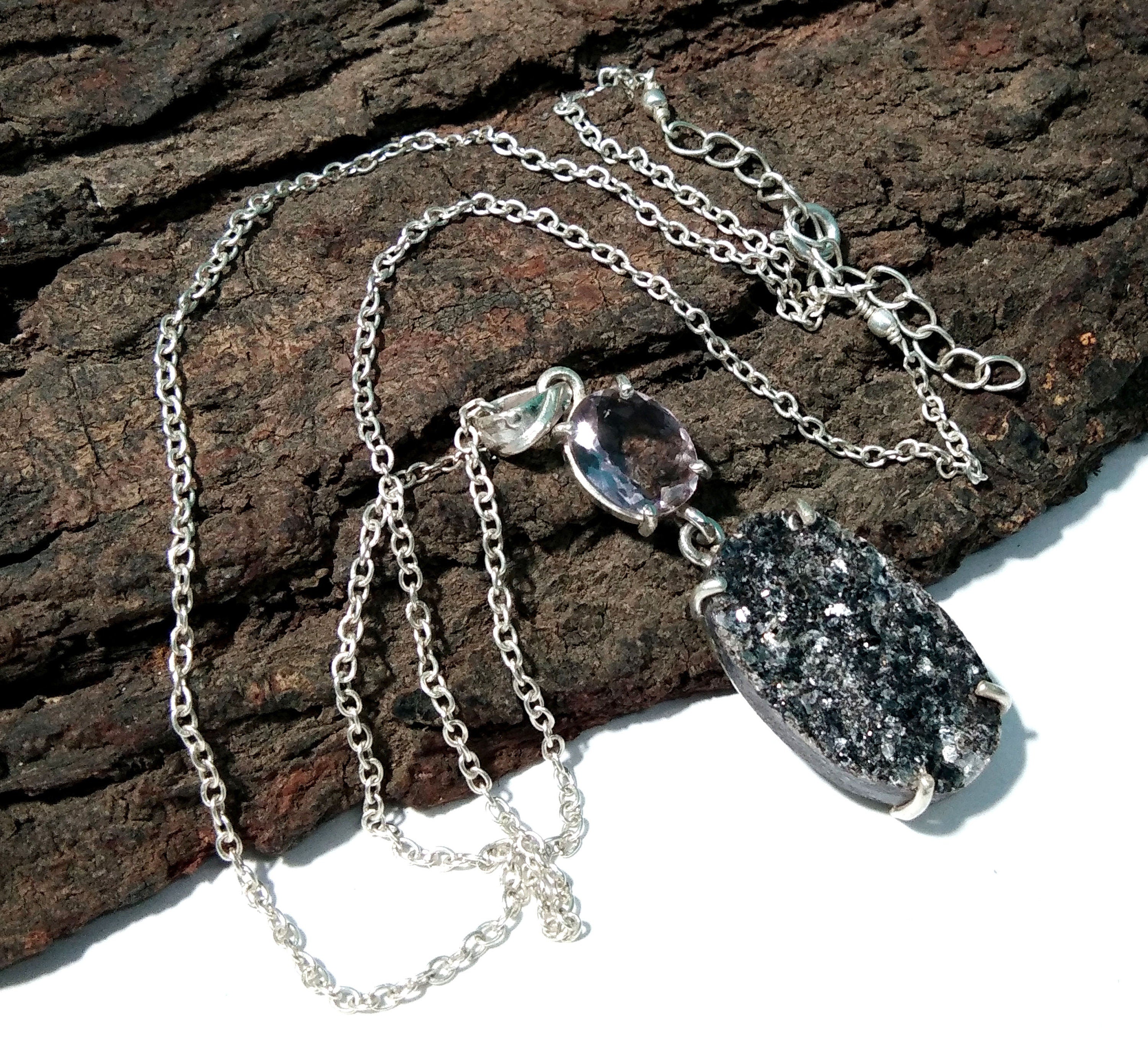 Natural Black Silver Mica Druzy/Faceted Amethyst Gemstone Chain Pendant Necklace, 925 Starling Silver Pendant Handmade Jewelry Birthday Gift