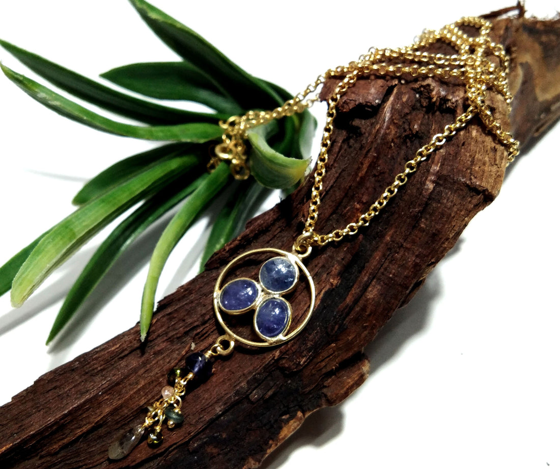 Natural Tanzanite Gemstone Chain Necklace Pendant, 925 Starling Silver Gold Plated Chain Necklace 25 Inche Top Color Tanzanite Necklace Gift