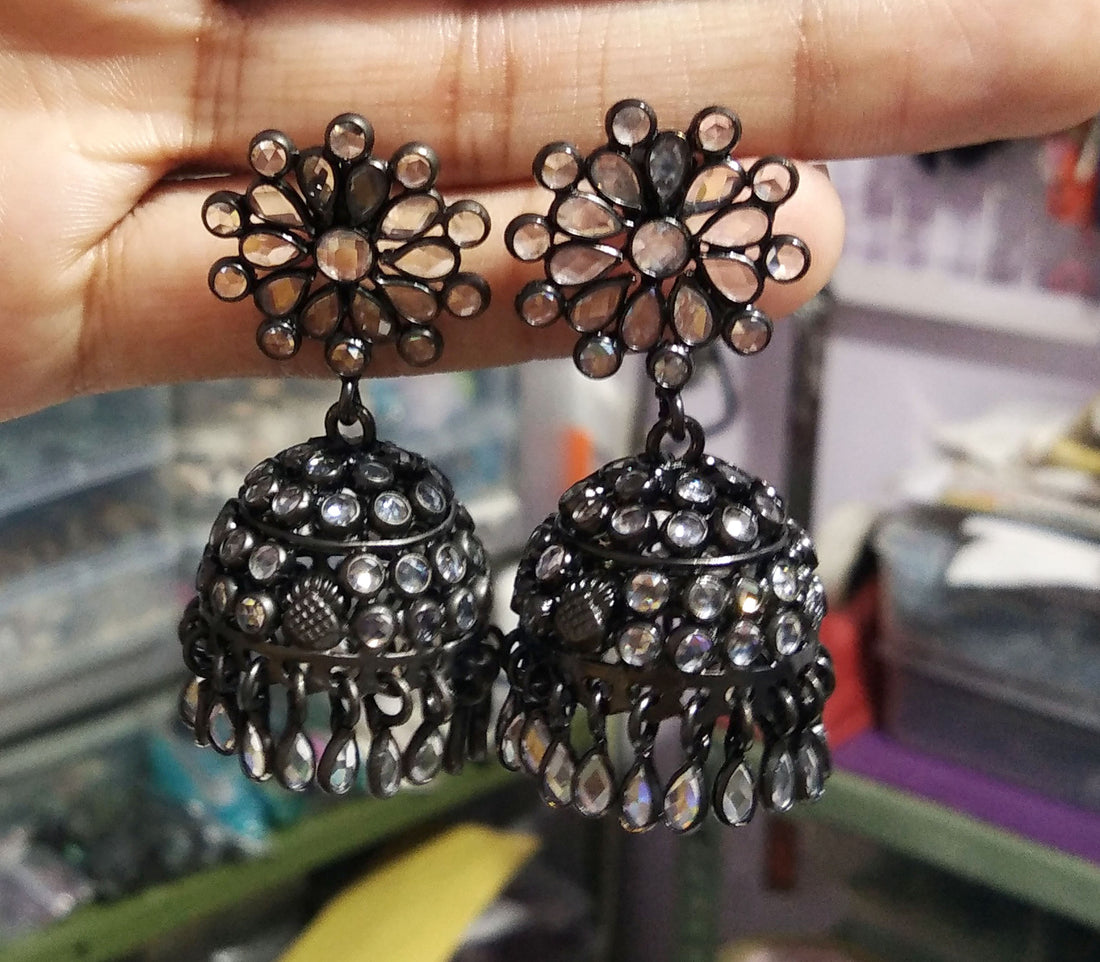 Natural White Zircon Jhumka Earrings, 925 Solid Starling Silver Black Plated Jhumka Earring, Rajasthani style jumka Earrings, Gift Earring