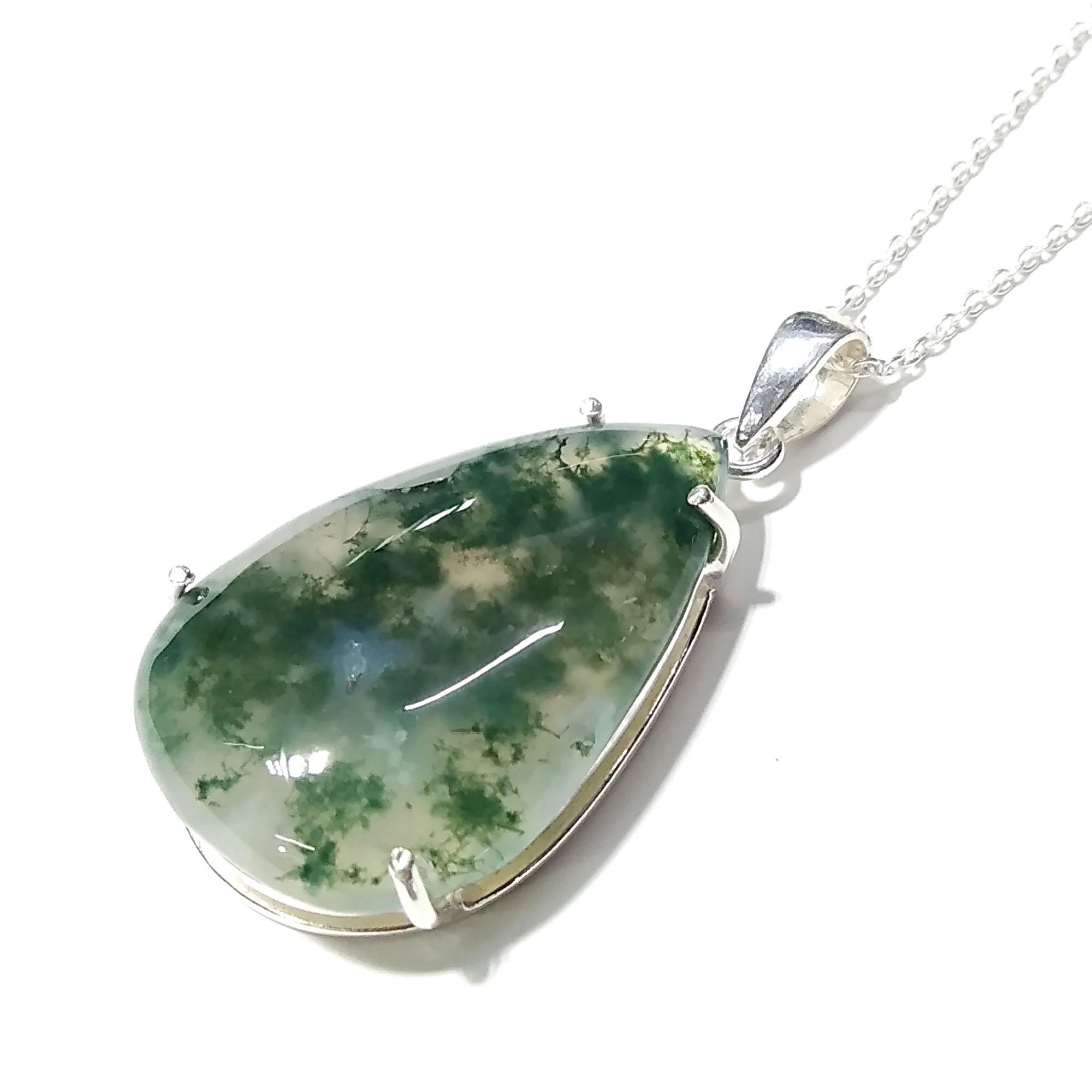 Natural Moss Agate Pendant Necklace, 925 Solid Sterling Silver Pendant, Amazing Design Gemstone Moss Agate Pendant Necklace, For Girls/Women