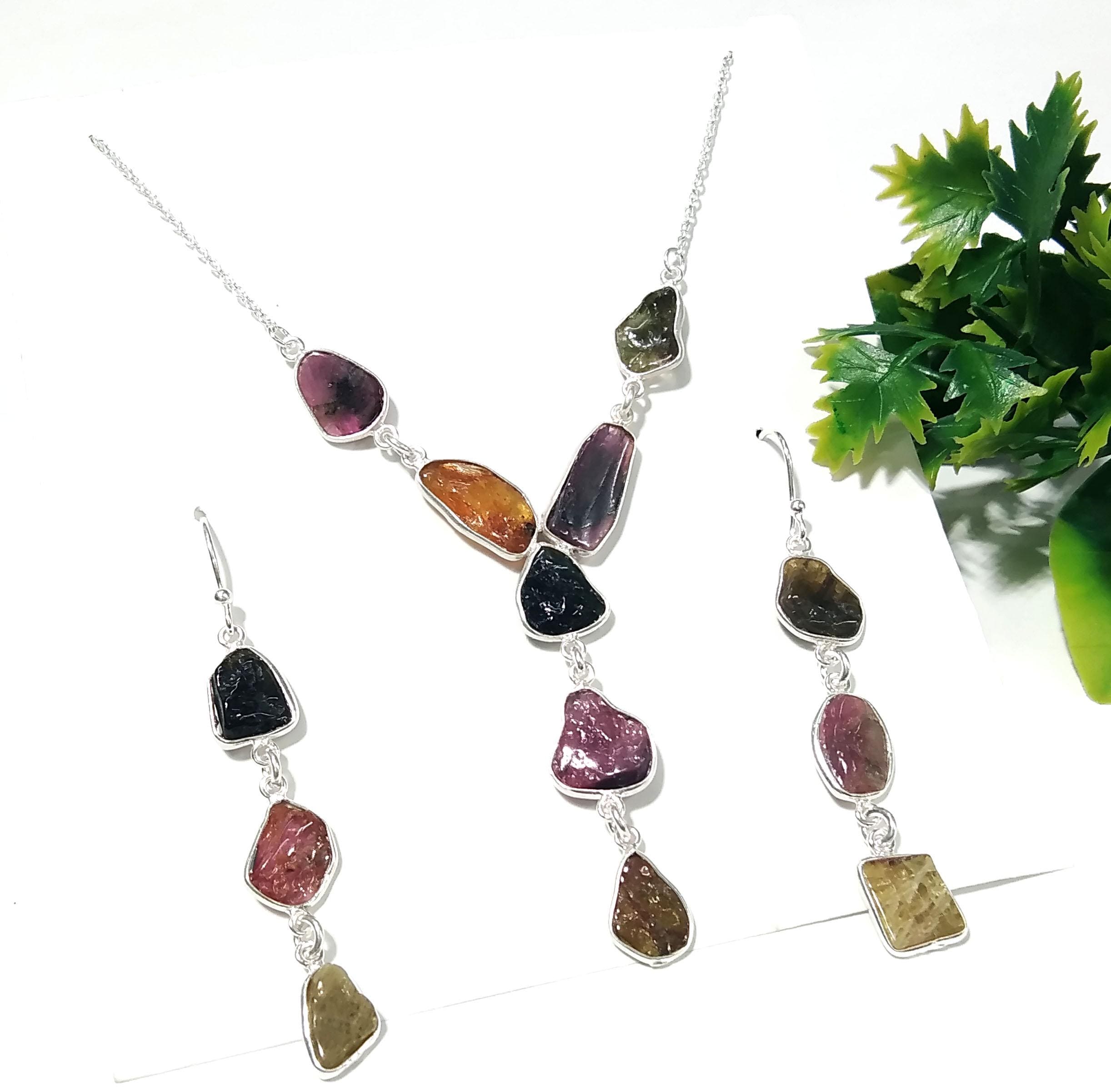 Natural Multi Tourmaline Gemstone Necklace Earring Jewelry Set, 925 Sterling Silver Necklace Earrings Jewelry, Gift For Her May Birthstone