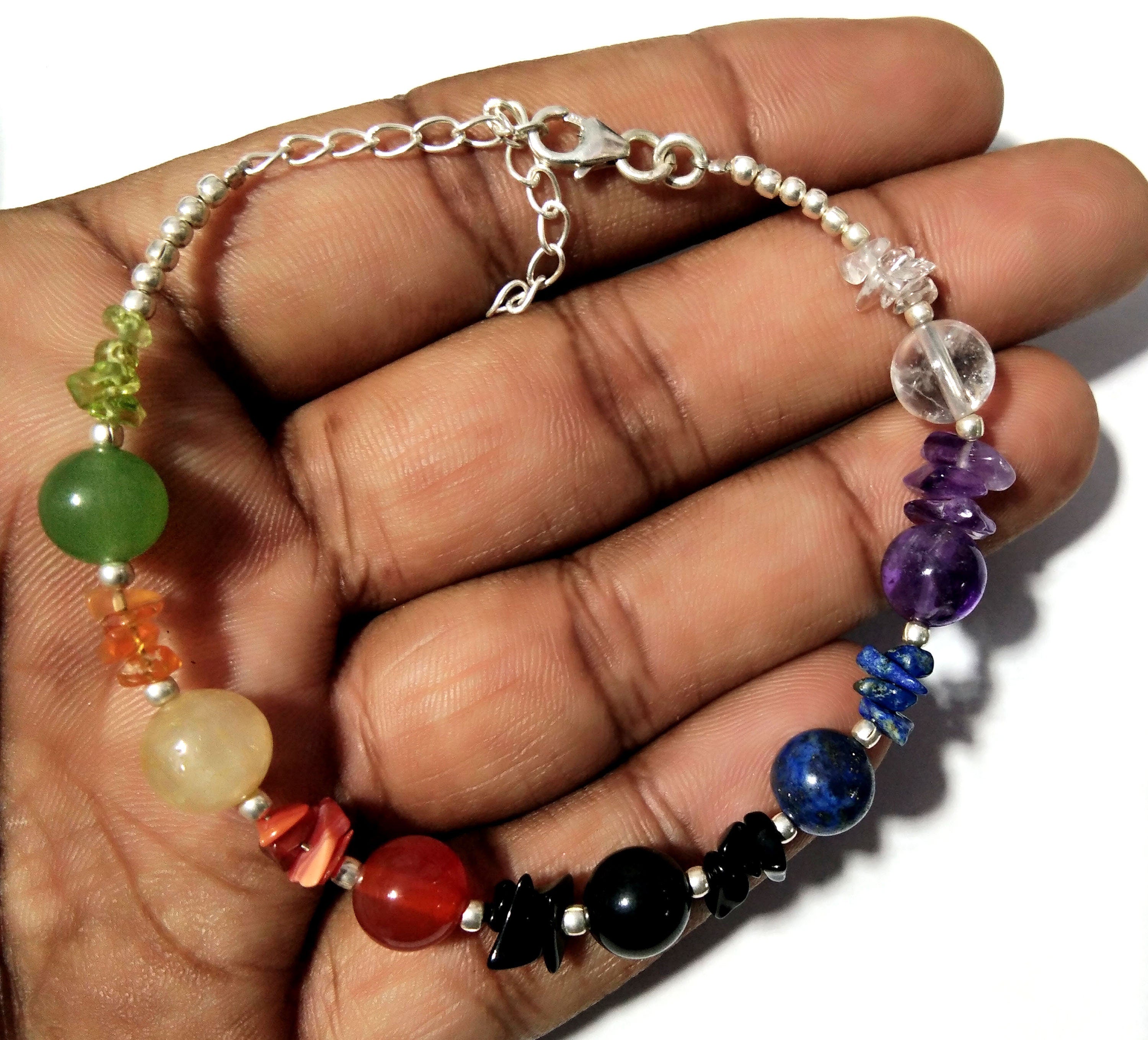925 Sterling Silver With Natural Gemstone 7 Chakra Bracelet, Reiki Healing Crystal Gemstone Anxiety Healing Crystal Bracelet Yoga Energy