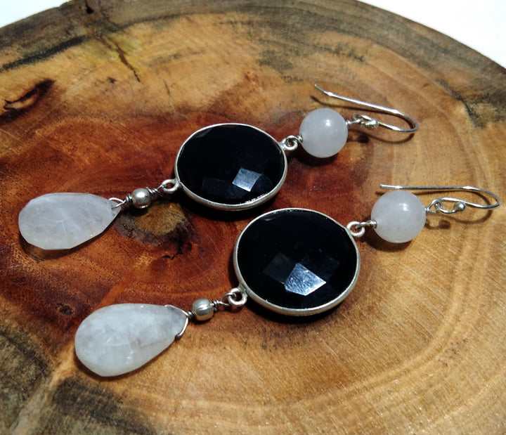 Natural Black Onyx, Rainbow Moonstone Earring, 925 Solid Starling Silver Earring, Handmade Black Onyx Stone Earring, Gift Women Earring's