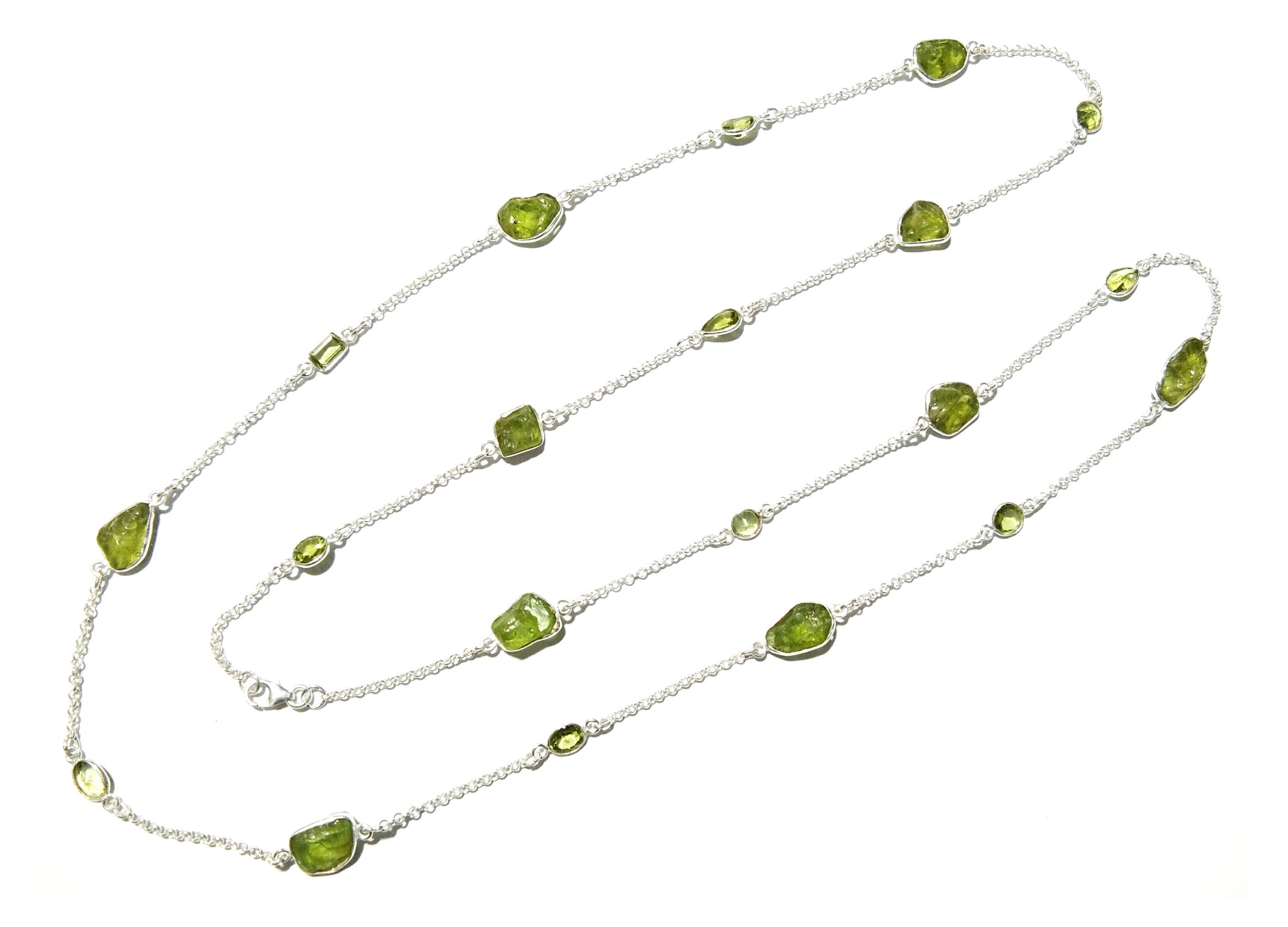 Log Chain Necklace Peridot Rough & Faceted Stone Chain Necklace, 925 Sterling Silver Bezel Setting Long 36" inch Chain Necklace Birthstone
