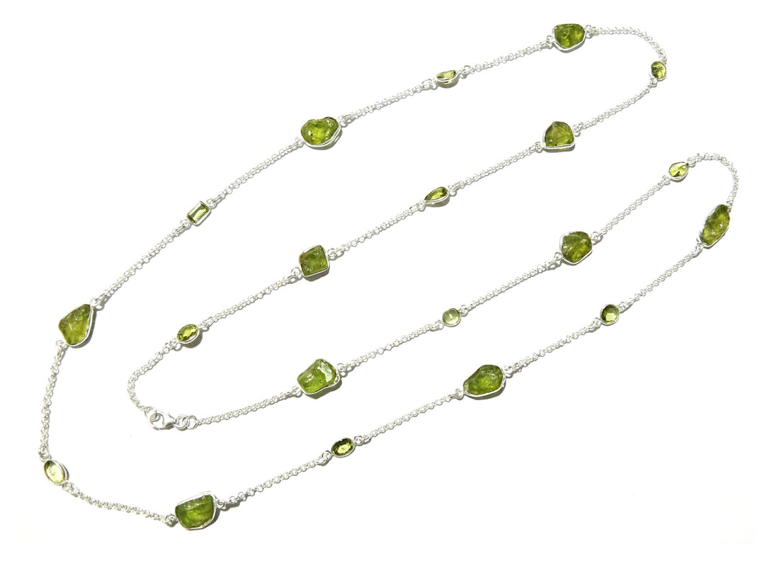 Log Chain Necklace Peridot Rough & Faceted Stone Chain Necklace, 925 Sterling Silver Bezel Setting Long 36" inch Chain Necklace Birthstone