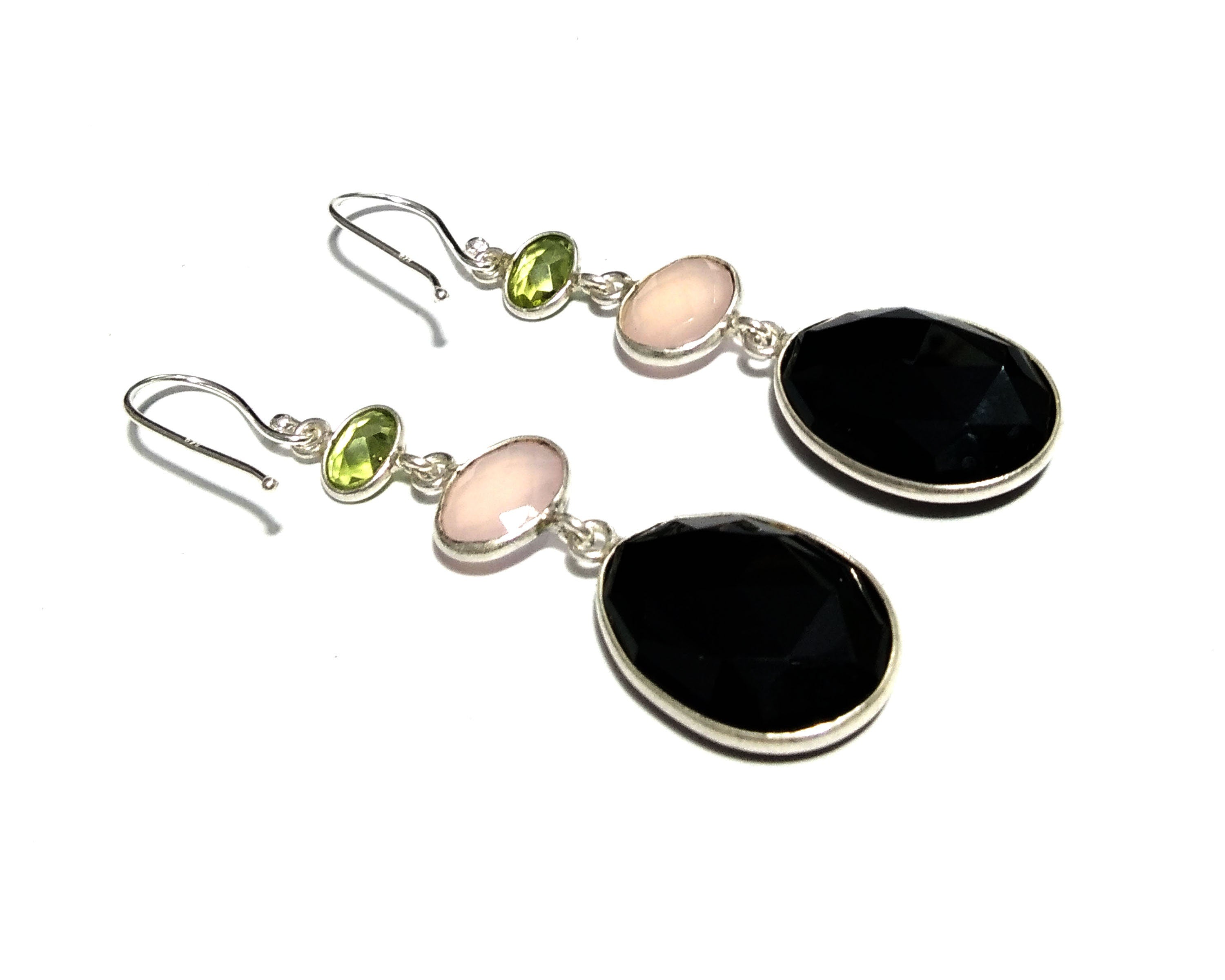 Natural Black Onyx/Peridot/Rose Quartz Stone Earring, 925 Solid Starling Silver Earring, Onyx/Rose Quartz Gemstone Gift Birthday Earring