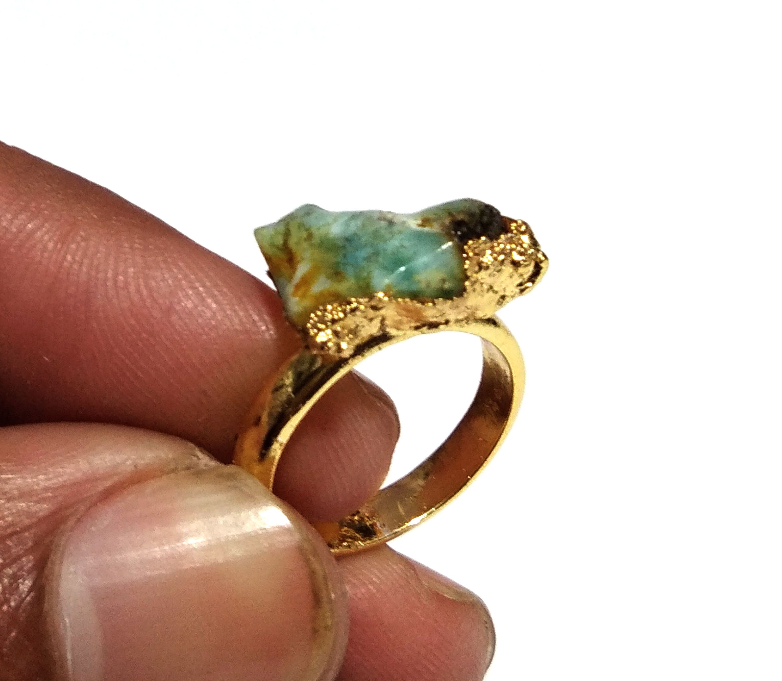 Natural Raw Larimar Rough Stone Ring, 925 Solid Sterling Silver Gold Plated Ring, Larimar Stone Size 12x13 mm Handmade Gift Statement Ring