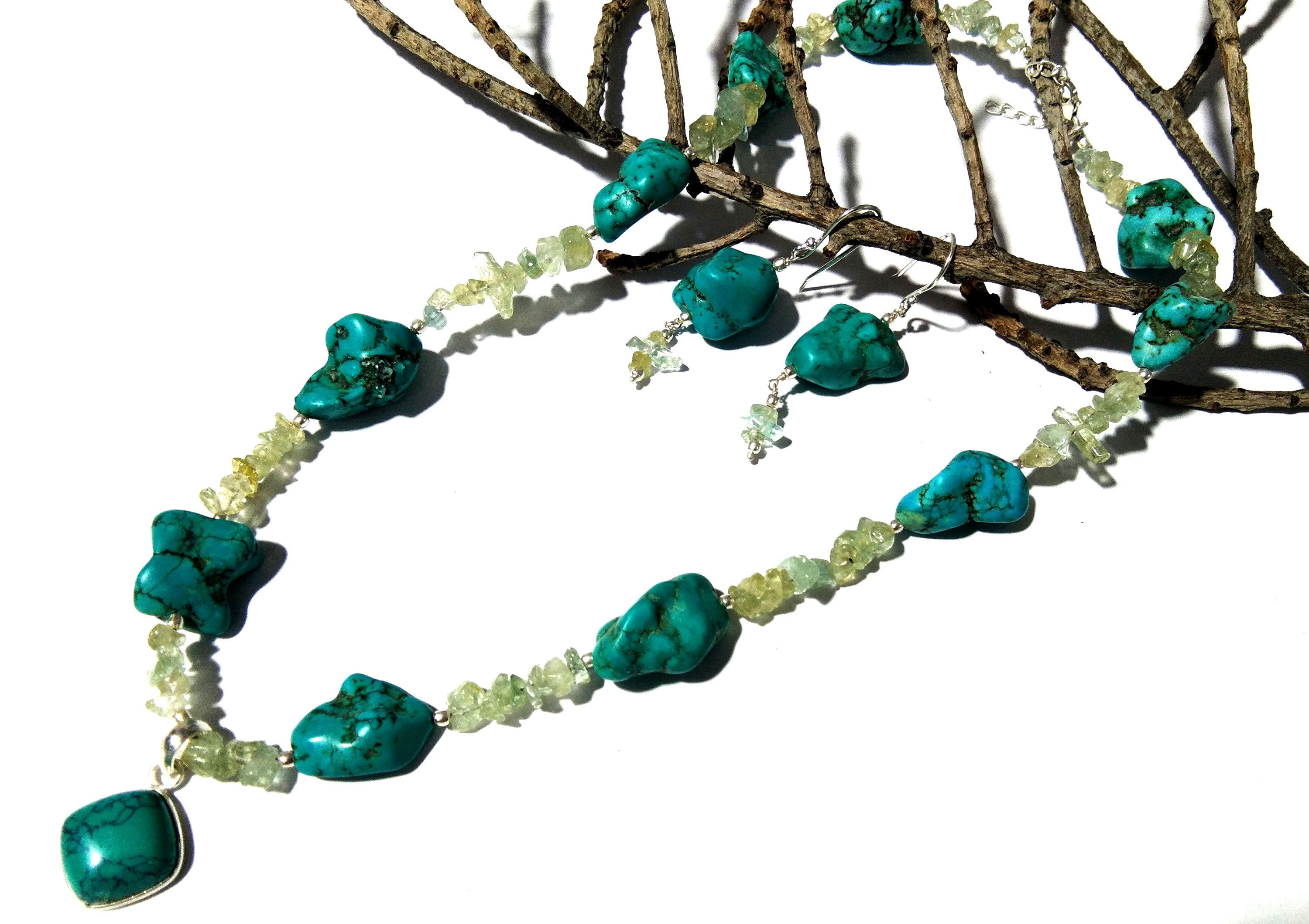 Long Natural Turquoise Rough Gemstone Necklace and Earring Aquamarine Rough Beads Necklace Set 925 Starling Silver Handmade Jewelry For Gift