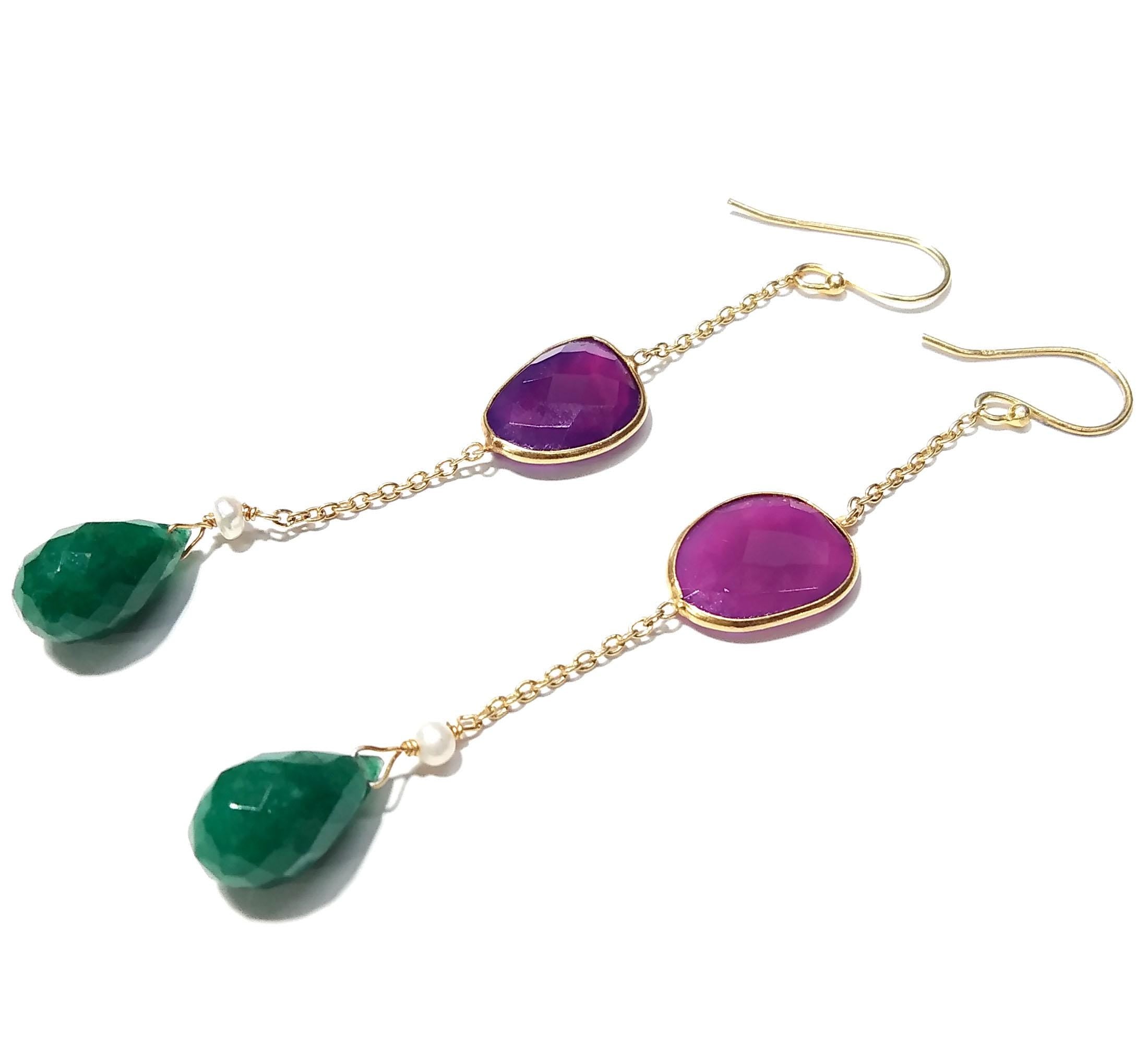 Natural Green Jade & Pink Chalcedony Gemstone Earring, 925 Starling Silver With Gold Plated Earring, Bezel Handmade Earring, For Girls/Women