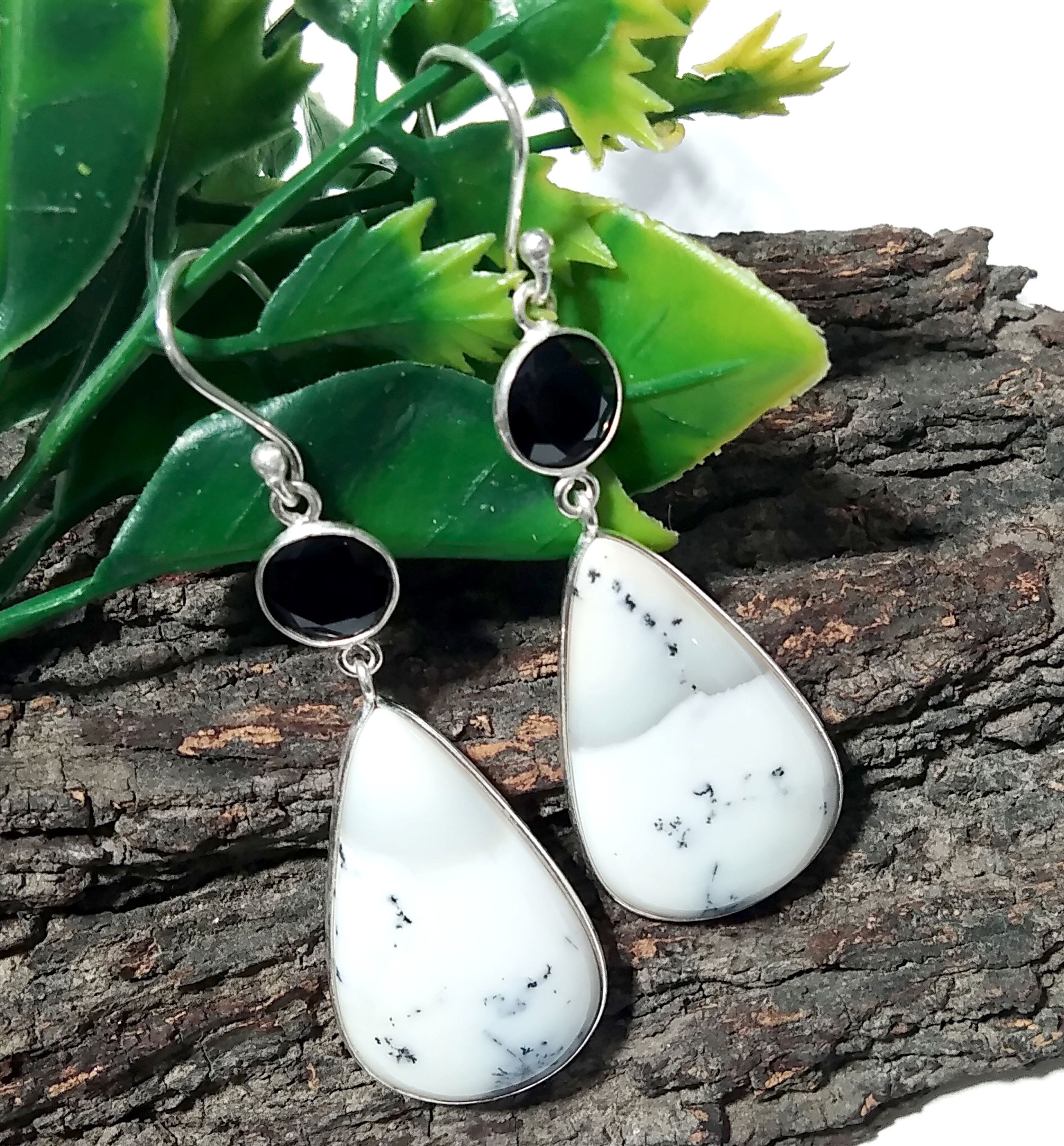 Natural Dendrite Opal,Black Spinel Gemstone Earring, 925 Solid Starling Silver Earring, Opal Stone Size 29x17 mm Gift Dangle Earring Jewelry