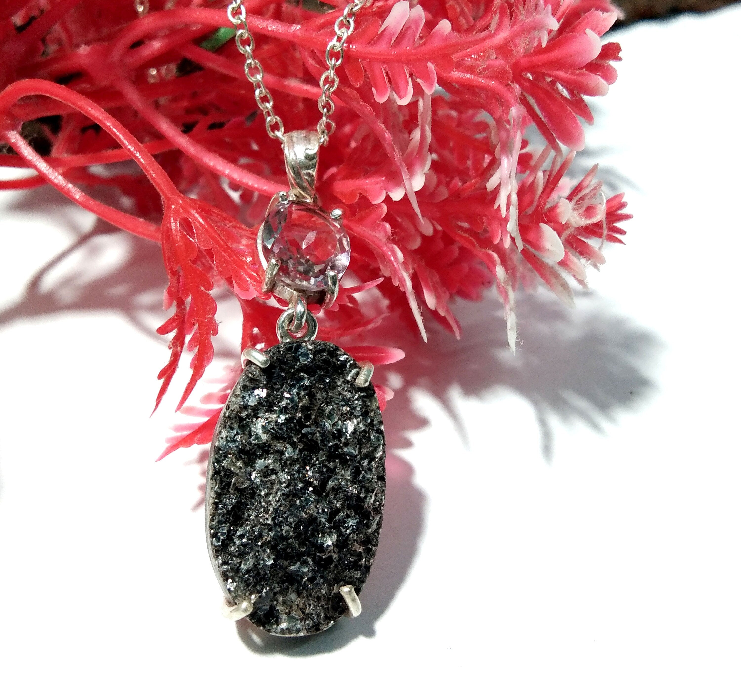 Natural Black Silver Mica Druzy/Faceted Amethyst Gemstone Chain Pendant Necklace, 925 Starling Silver Pendant Handmade Jewelry Birthday Gift