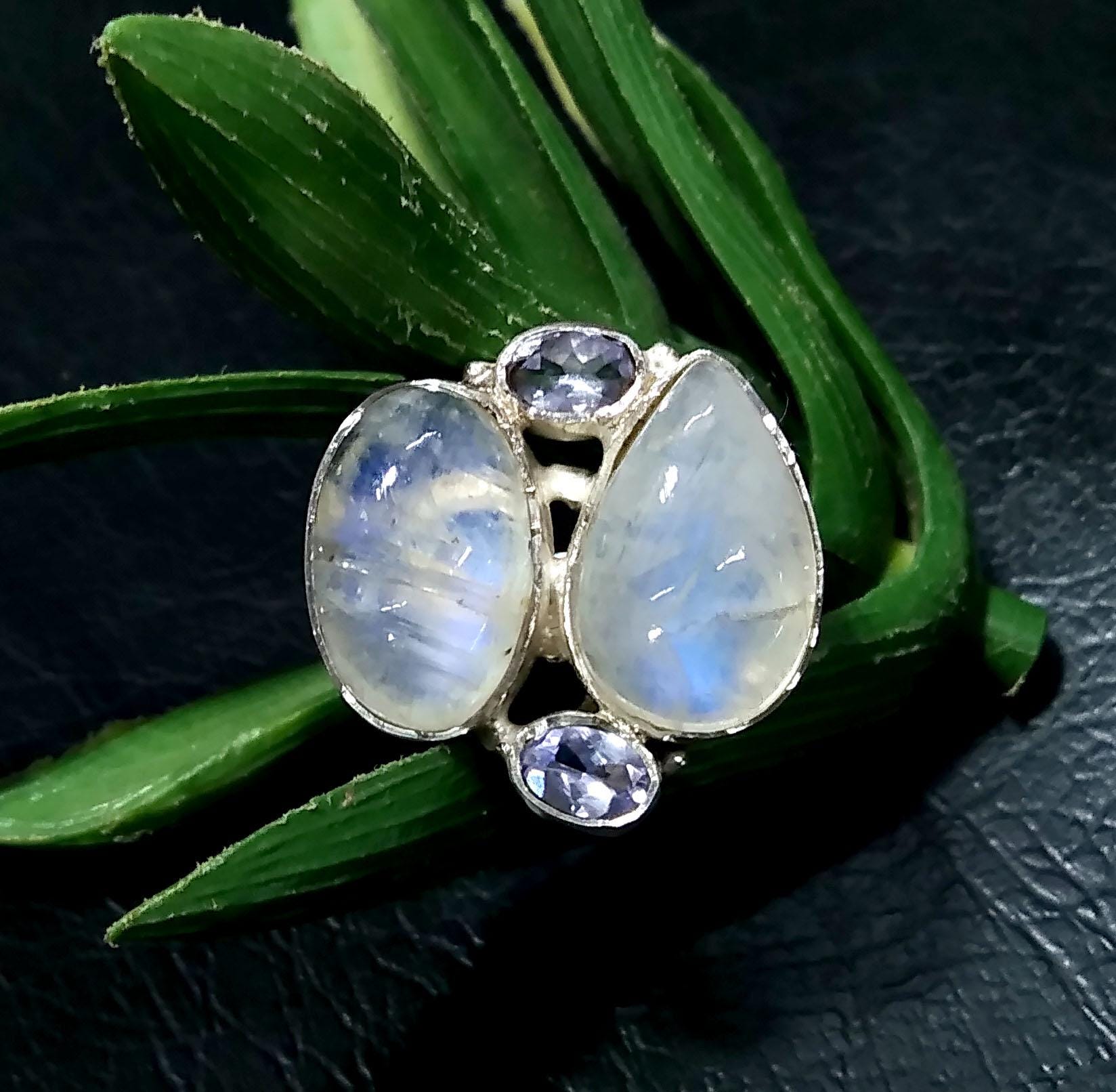 Natural Rainbow Moonstone/Tanzanite Gemstone Ring, 925 Solid Sterling Silver Ring, Stone Size 16x10 mm Handmade Gift Ring, Birthday Ring