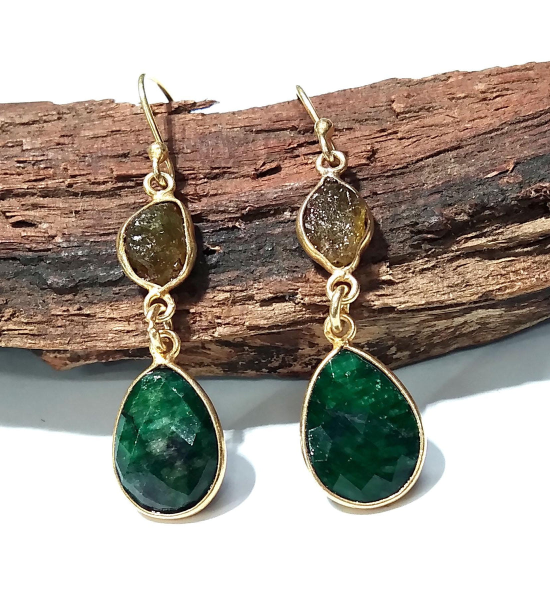 Natural Emerald Gemstone, Peridot Rough Earring, 925 Sterling Silver With Gold Plaited Earring, Beautiful Bezel Earring For Girls/Women Gift