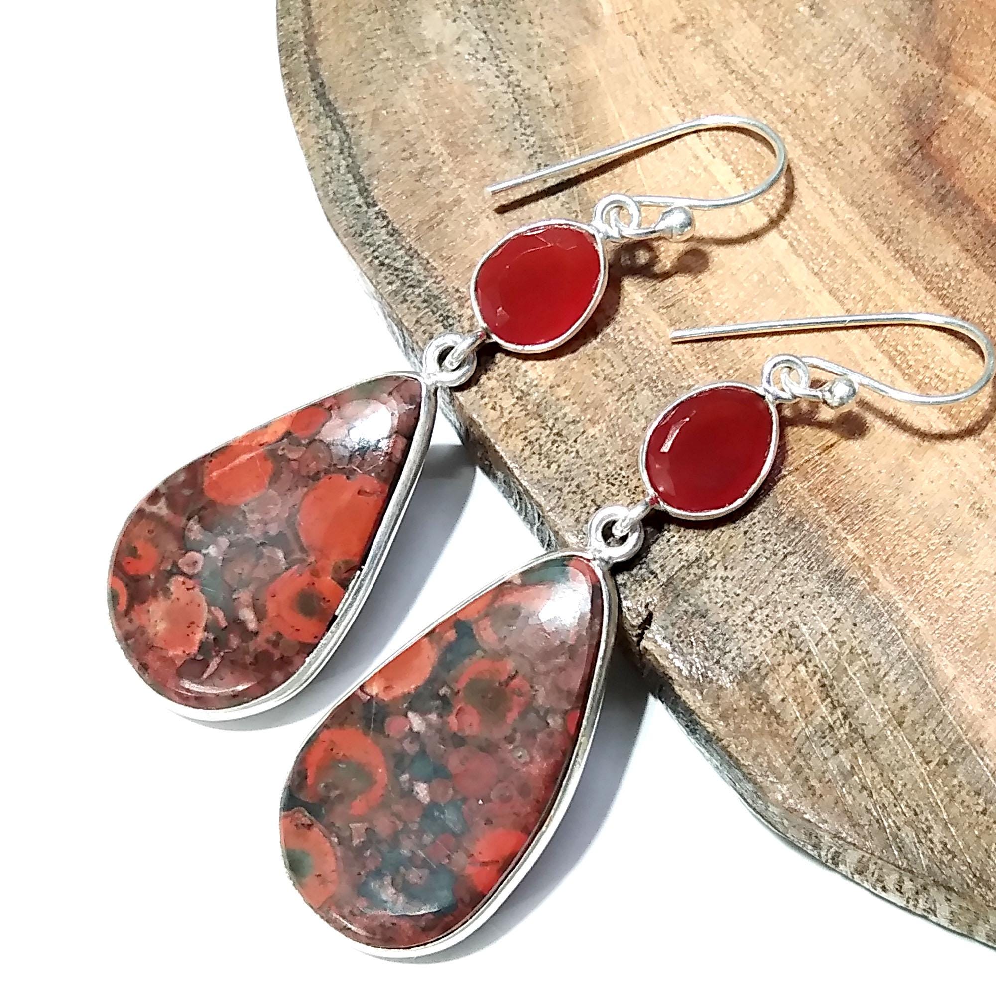 Natural Poppy Jasper, Carnelian Gemstone Earring, 925 Solid Starling Silver Earring, Gift Wedding Earring, Jewelry For Girls & Women.