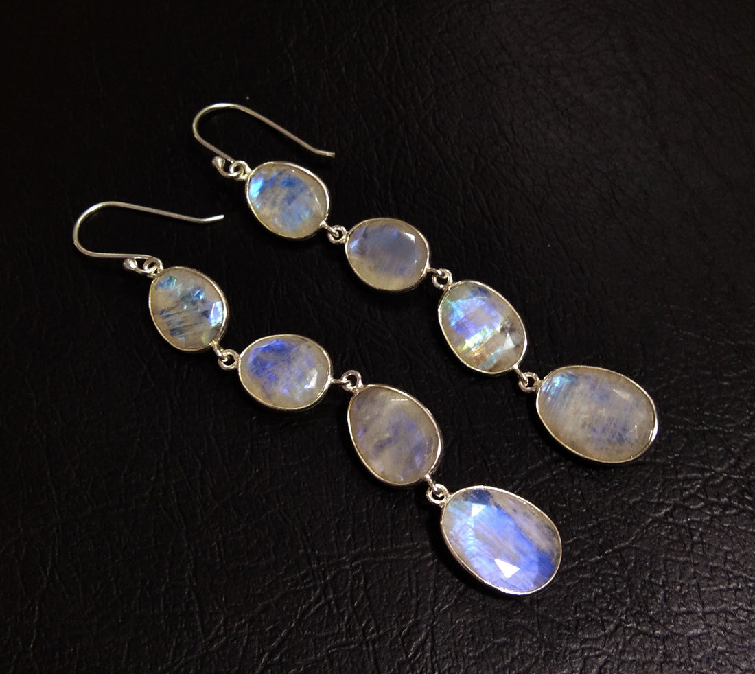 Natural Rainbow Moonstone Blue Fire Stone Earring, 925 Solid Starling Silver Earring, Moonstone Fancy Shape Stone Size 16x12 mm to 12x9 mm