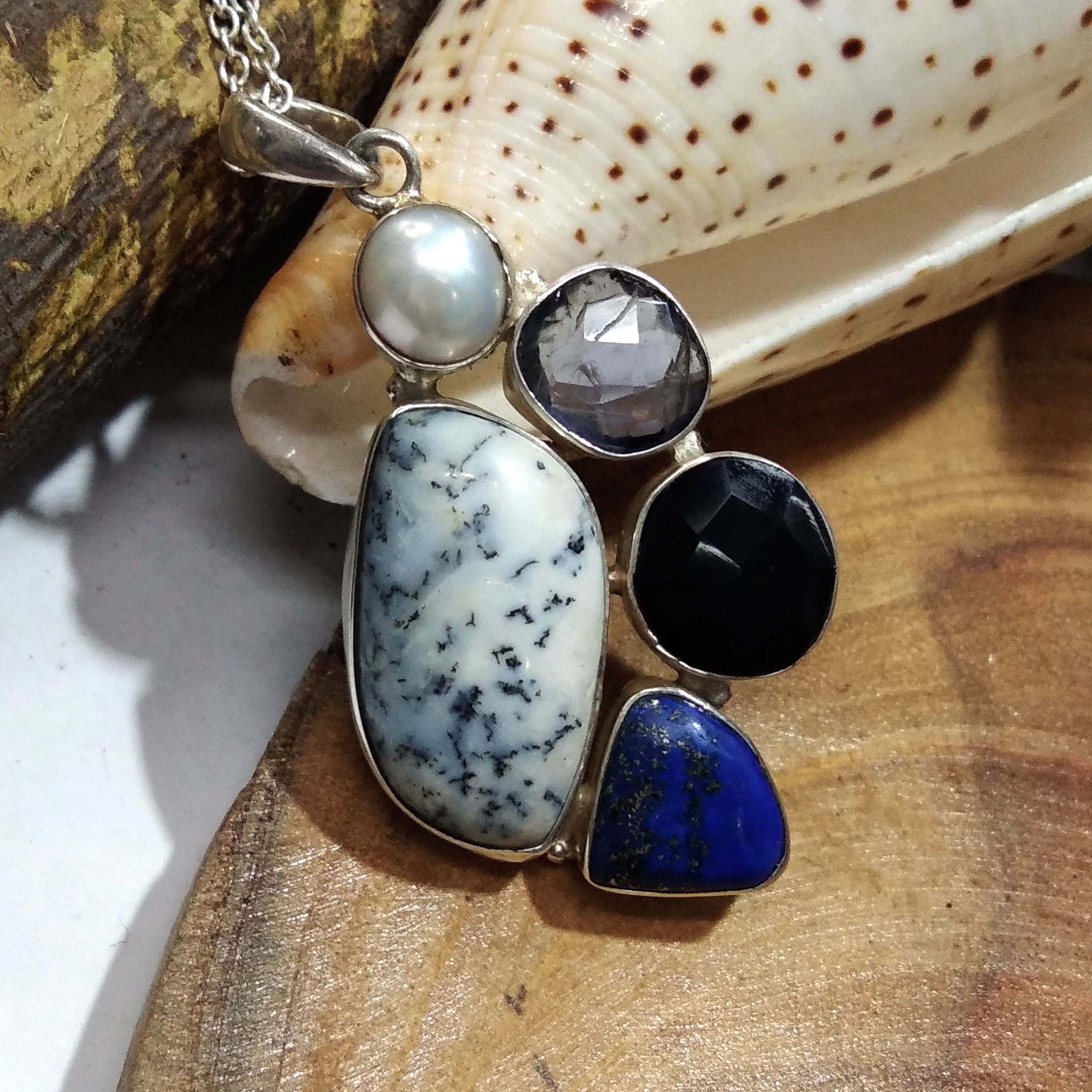 Natural Baroque Pearl,Dendrite Opal,Black Onyx Gemstone Pendant Necklace Chain, 925 Starling Silver Pendant Necklace, Handmade Stone Pendant