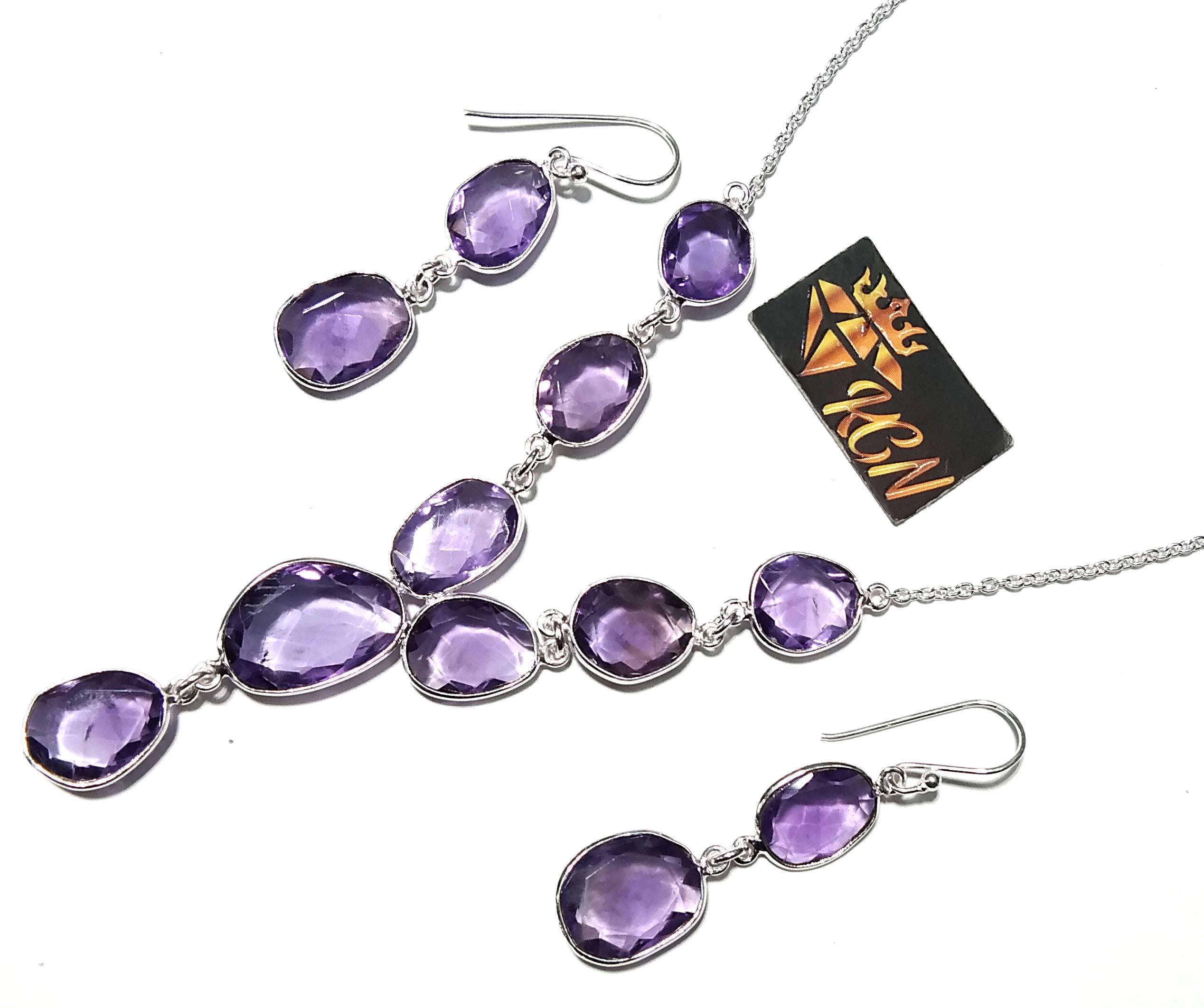 Natural Amethyst Gemstone Earrings And Necklace Jewellery Set, 925 Sterling Silver Necklace Amazing Quality Amethyst Gift For Girls/Women