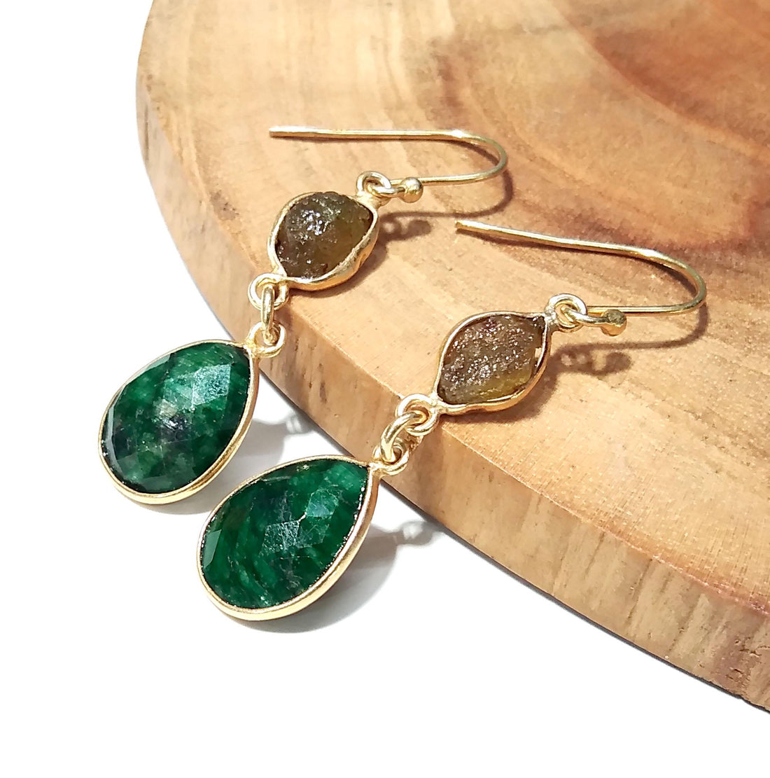Natural Emerald Gemstone, Peridot Rough Earring, 925 Sterling Silver With Gold Plaited Earring, Beautiful Bezel Earring For Girls/Women Gift