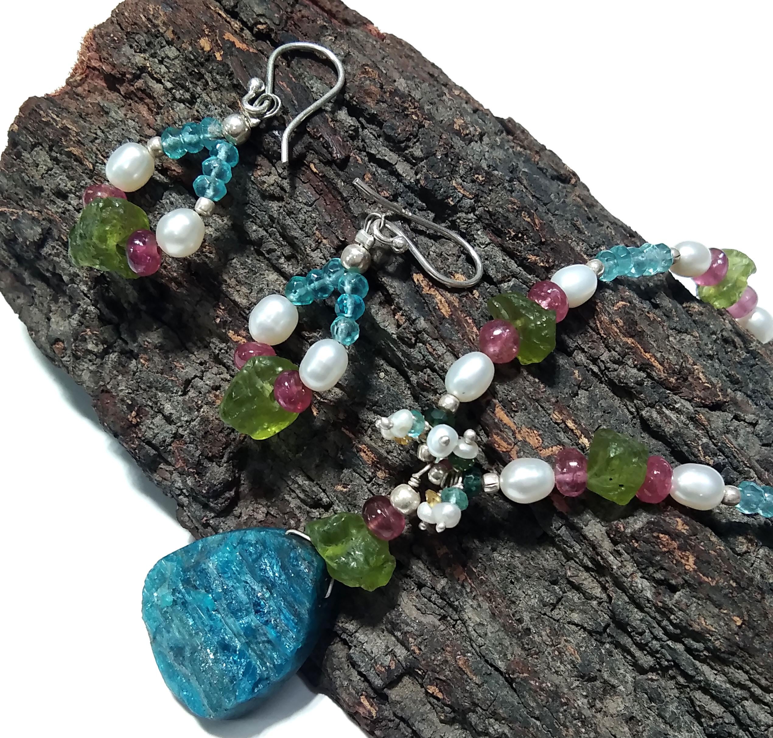 Natural Apatite Druzy/ Pearl/Peridot Rough Stone Beads Necklace Set Jewelry, 925 Sterling Silver Necklace Beaded Necklace Statement Jewelry