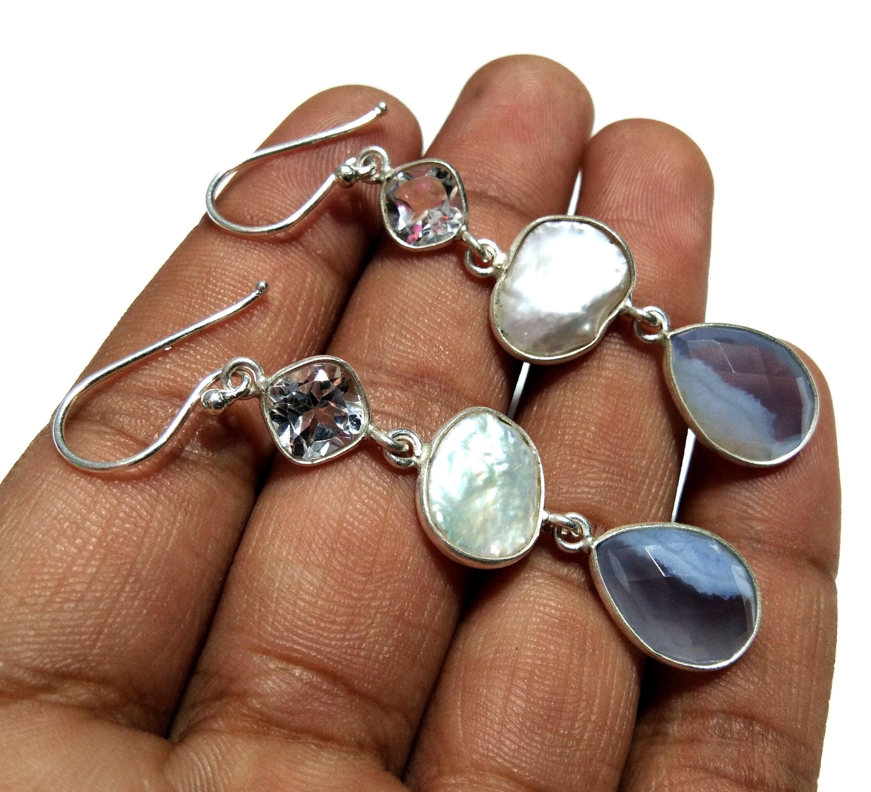 Natural Fresh Water Baroque Pearl/Topaz/Blue Chalcedony Stone Drop Earring, 925 Solid Starling Silver Earring Gemstone, Gift Earring Jewelry
