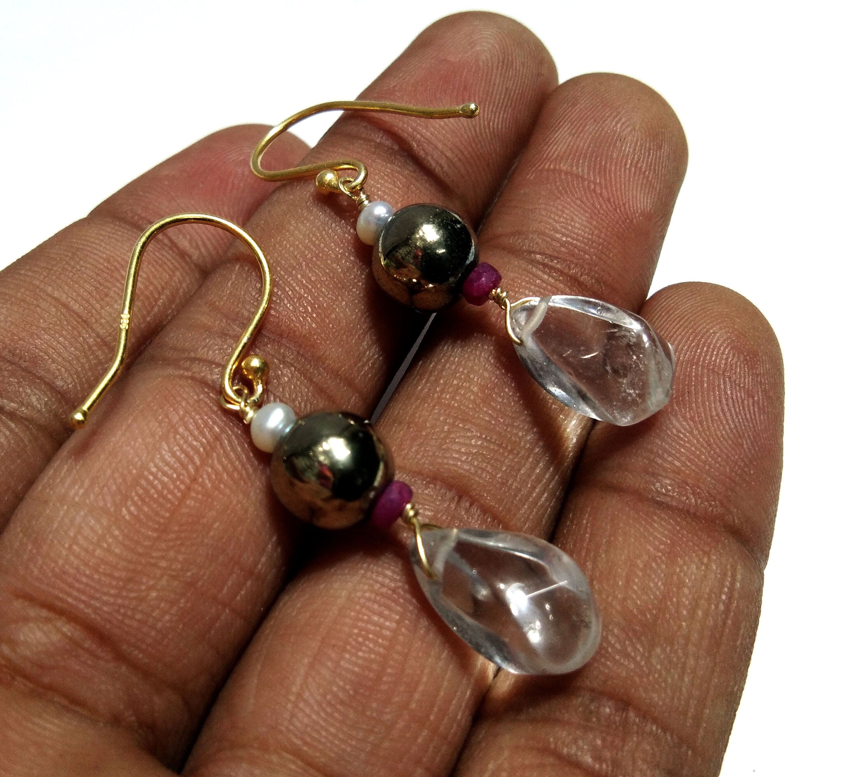 Natural White Crystal Quartz & Pyrite Stone Earring, Amazing Design 925 Sterling Silver With Gold Plated Earring, For Women Anniversary Gift