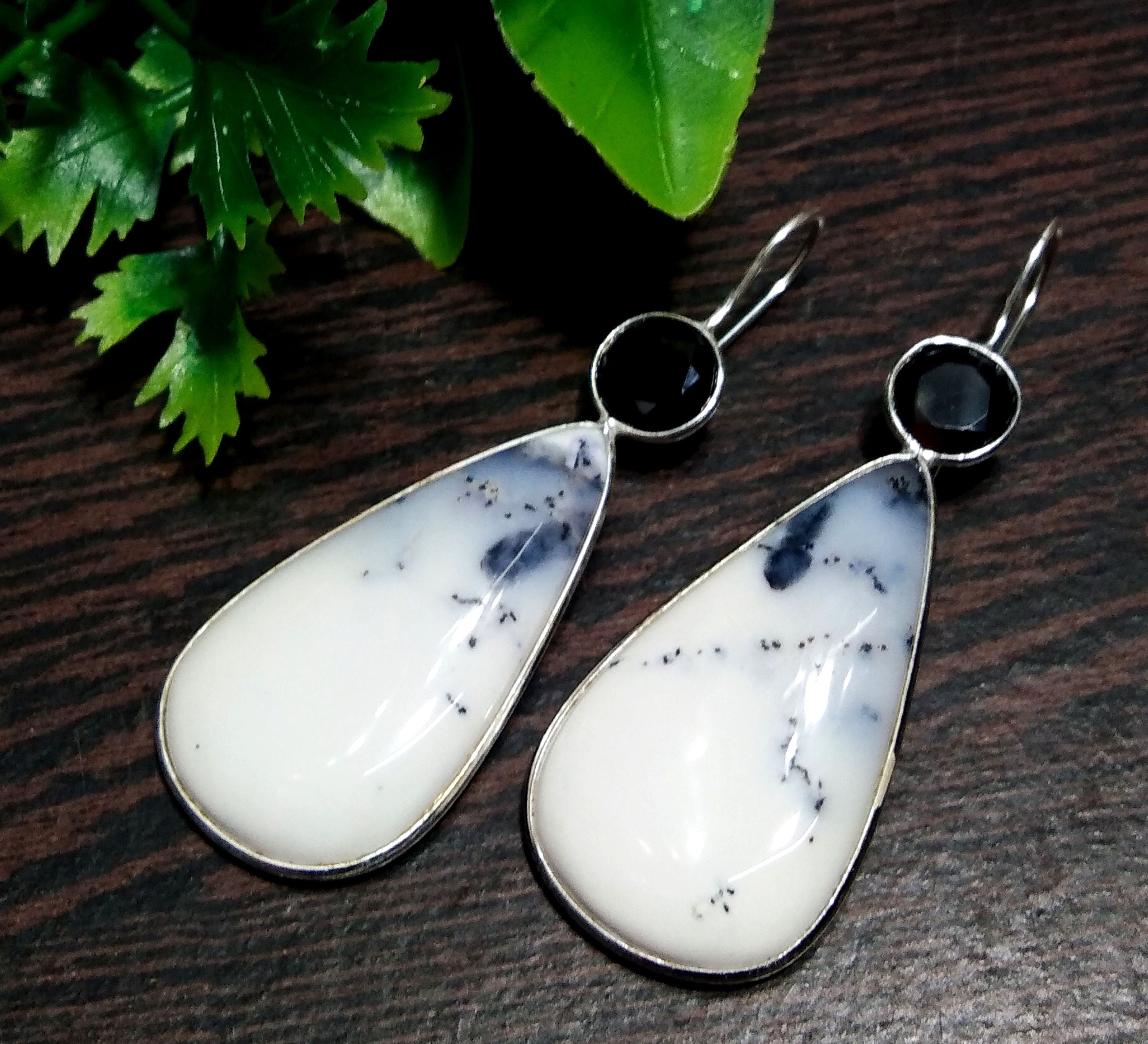 Natural Dendrite Opal/Black Spinel Gemstone Earring, 925 Starling Silver Earring, Handmade Silver Earring, Opal Stone Gift Birthday Earring