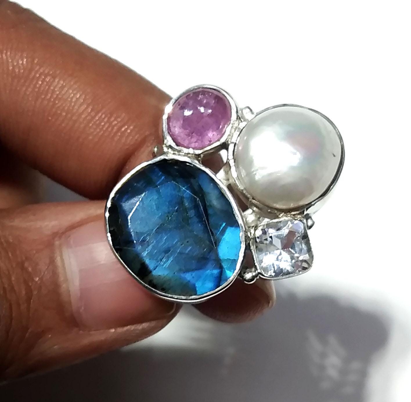 All Natural Gemstone Rings, Freshwater Pearl, Labradorite, Ruby & White Topaz Ring, 925 Starling Silver Ring, Handmade Silver Ring Jewelry