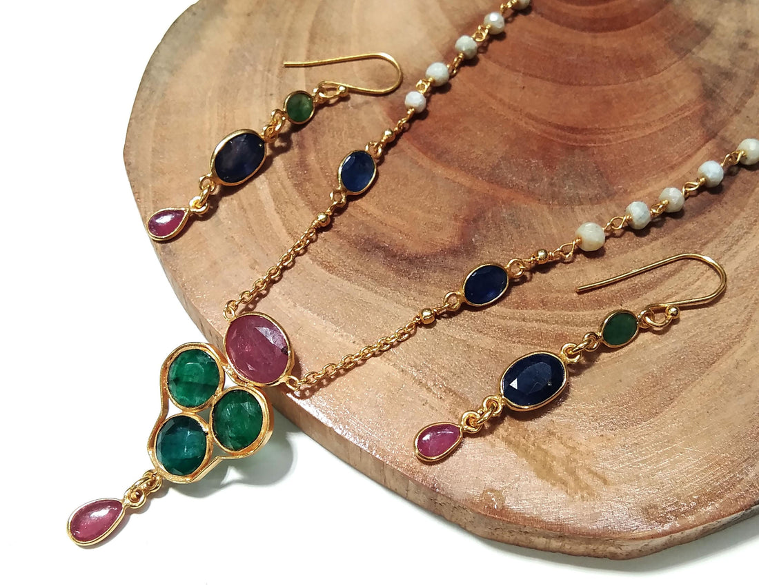 Natural Emerald/Red Ruby/Tanzanite Gemstone Necklace Earring Jewelry Set, 925 Sterling Silver With Gold Plated Necklace Beads Necklace Set
