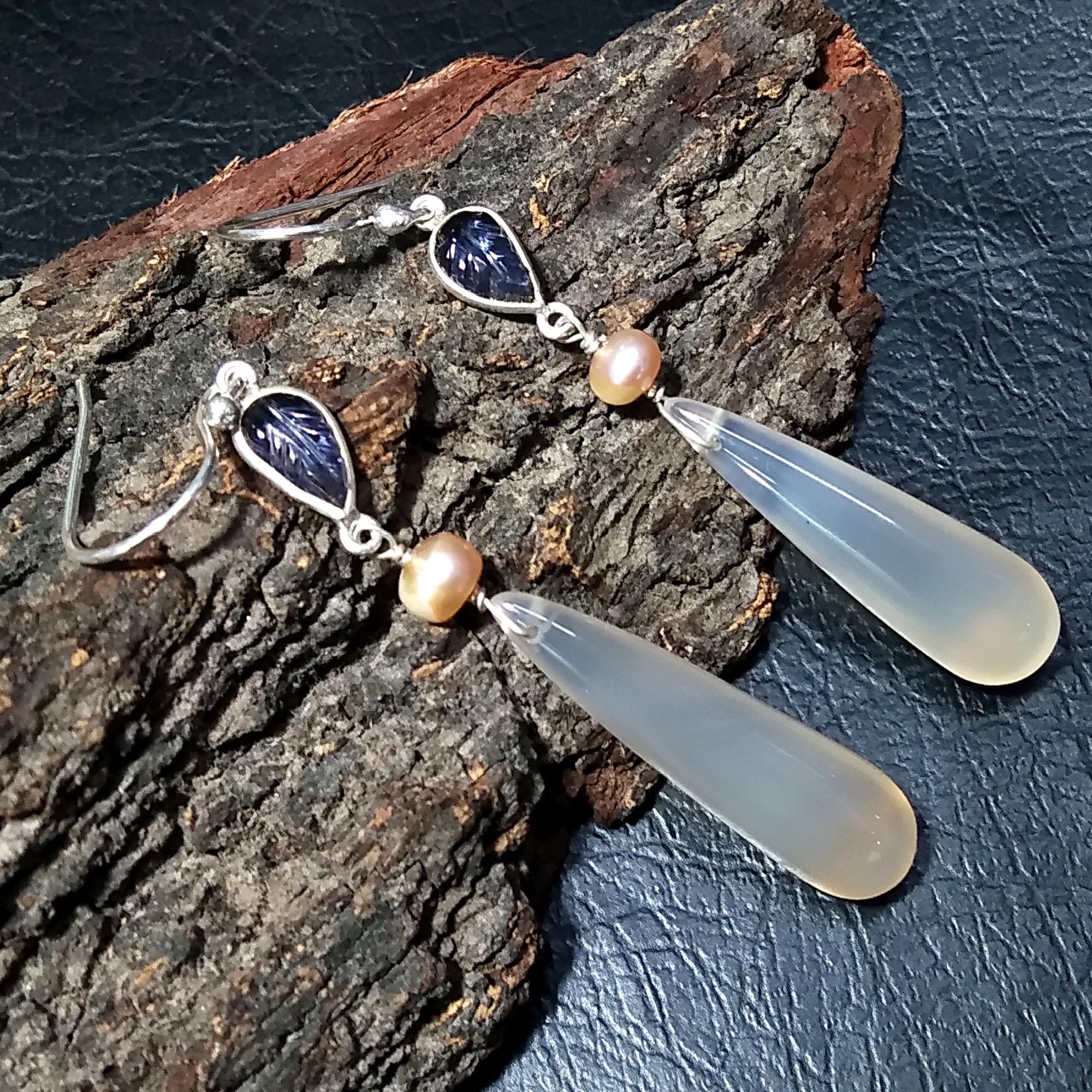 Natural Chalcedony/Iolite Carving & Pearl Gemstone Earring, 925 Starling Silver Earring Handmade Silver Jewelry Stone Earring Gift Birthday