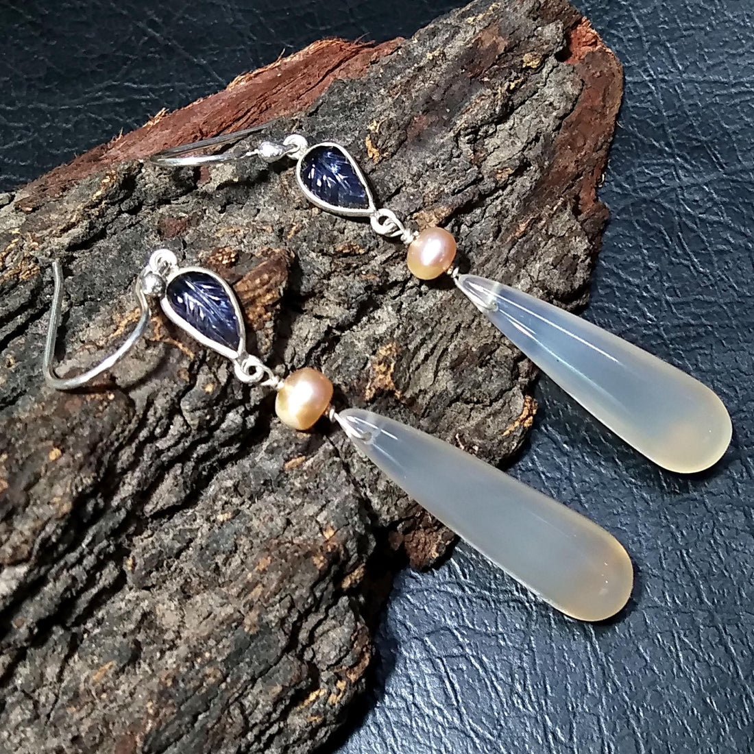 Natural Chalcedony/Iolite Carving & Pearl Gemstone Earring, 925 Starling Silver Earring Handmade Silver Jewelry Stone Earring Gift Birthday