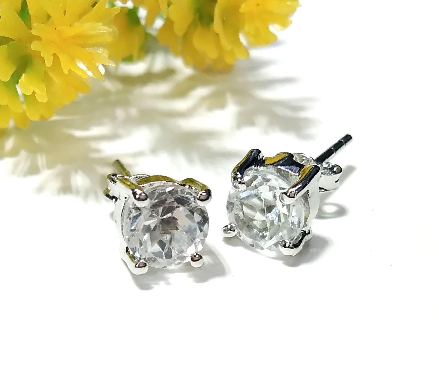 Round Crystal Quartz Studs Earrings, 925 Starling Silver Earring, Natural Crystal Quartz Stud Earrings, Screw Back/Push Back Earrings Gift