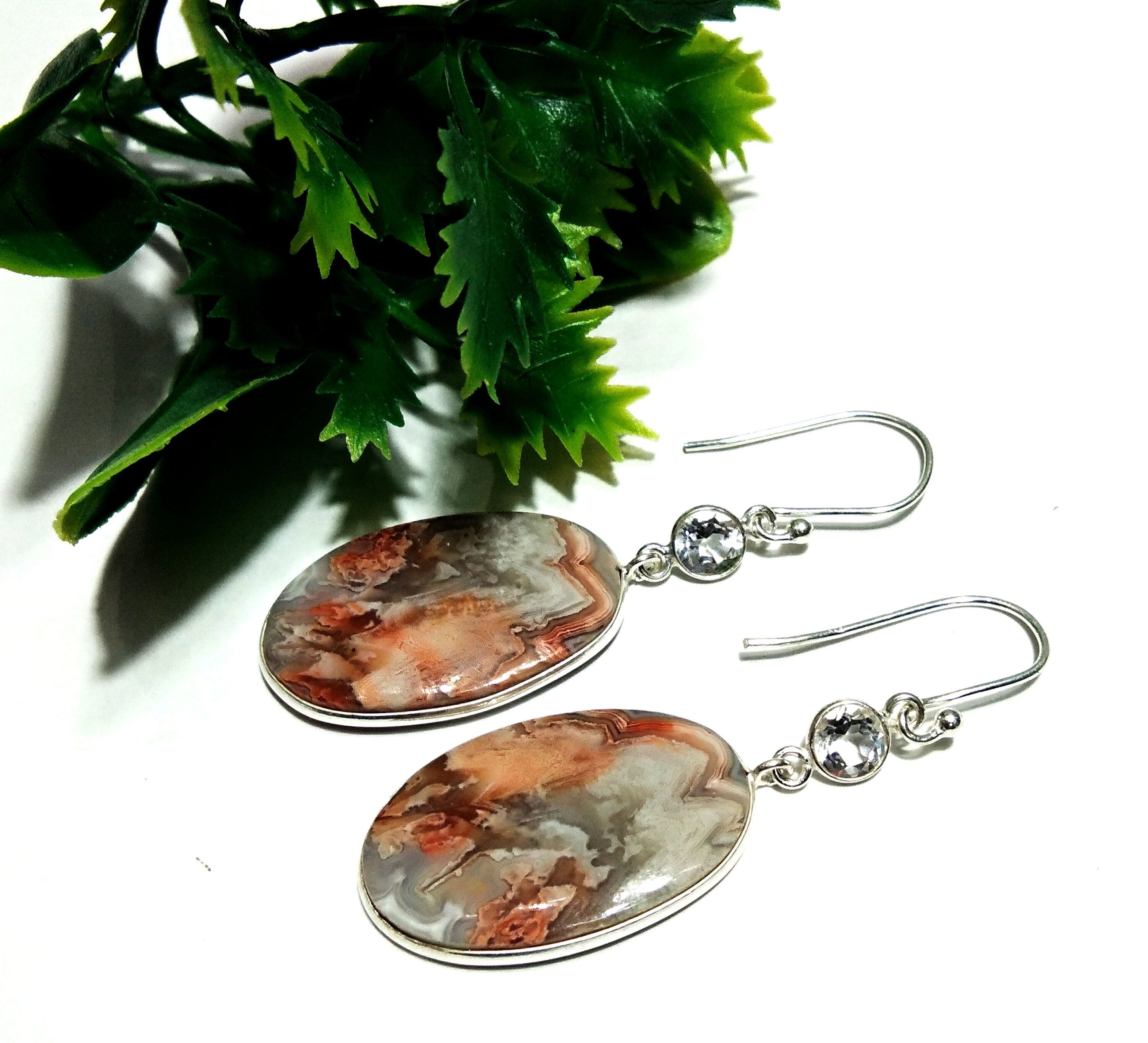 Natural Crazy lace Agate/White Topaz Stone Earring, 925 Solid Starling Silver Earring Oval Shape Stone Size 25x17mm Gift Girls/Women Earring