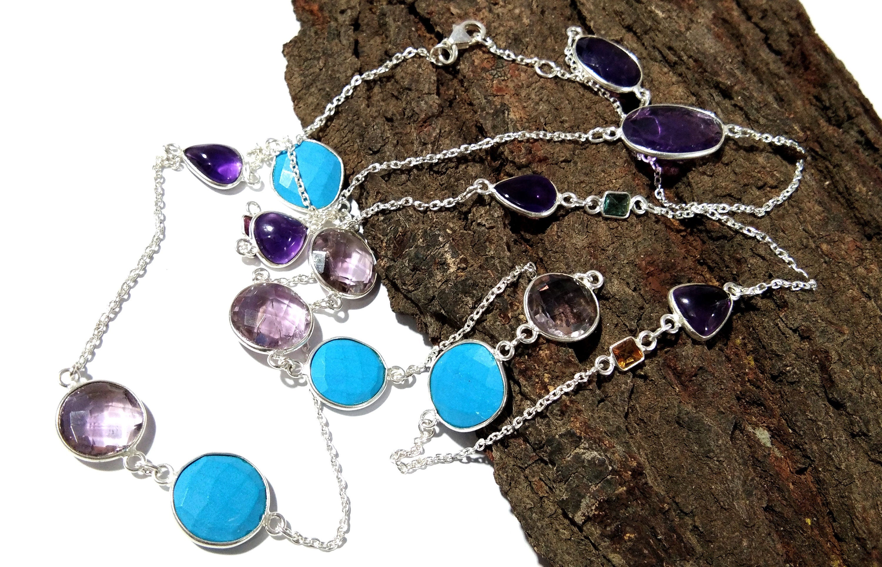 36'' Log Necklace In 925 Silver, Multi Gemstone Log Chain Necklace, Handmade Making Bezel Necklace For Girls & Women.