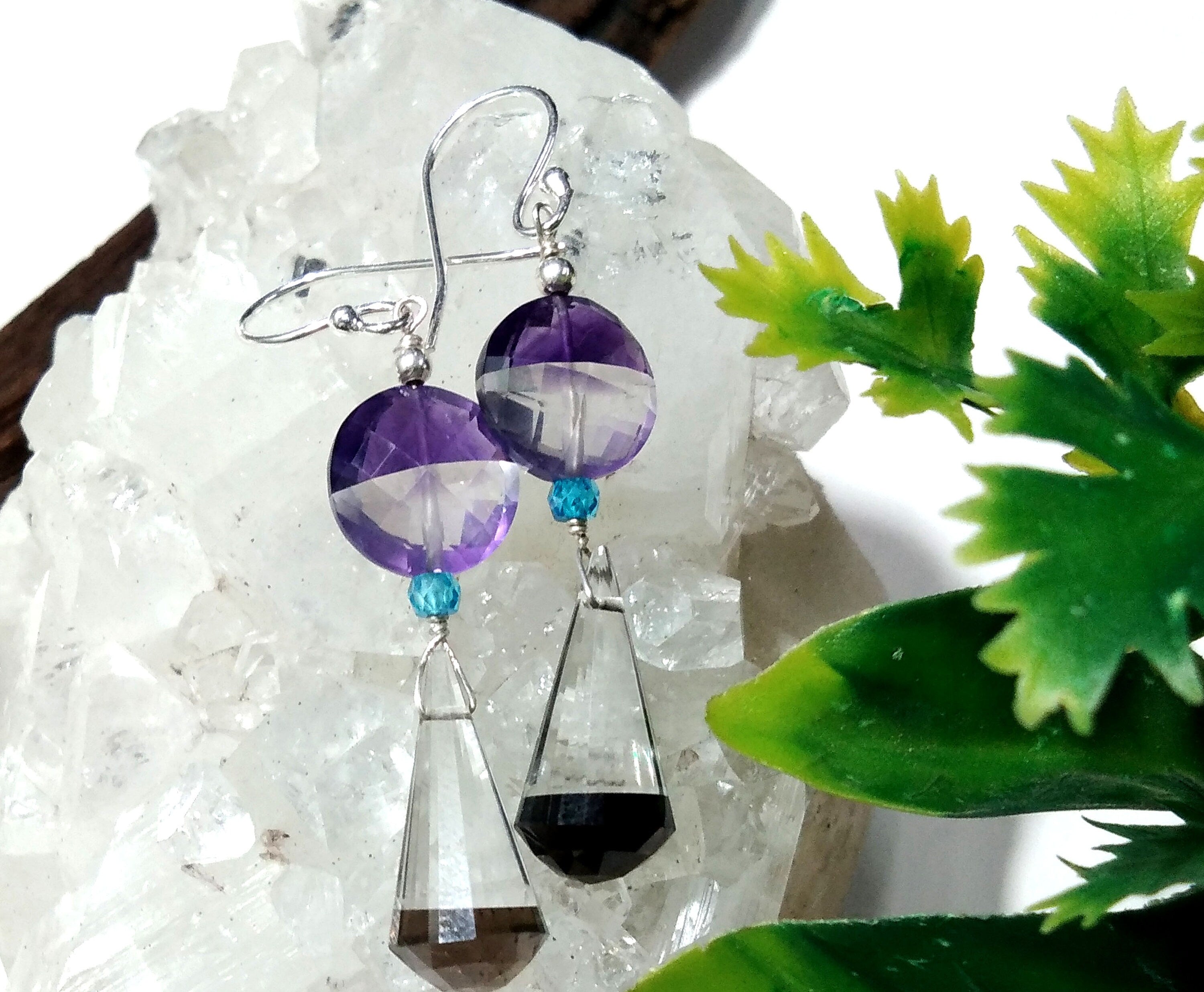 Natural Color Doublet Gemstone Amethyst, Crystal & Smoky Quartz Multi Stone Earrings, With 925 Silver Jewelry For Gifts Girls/Women