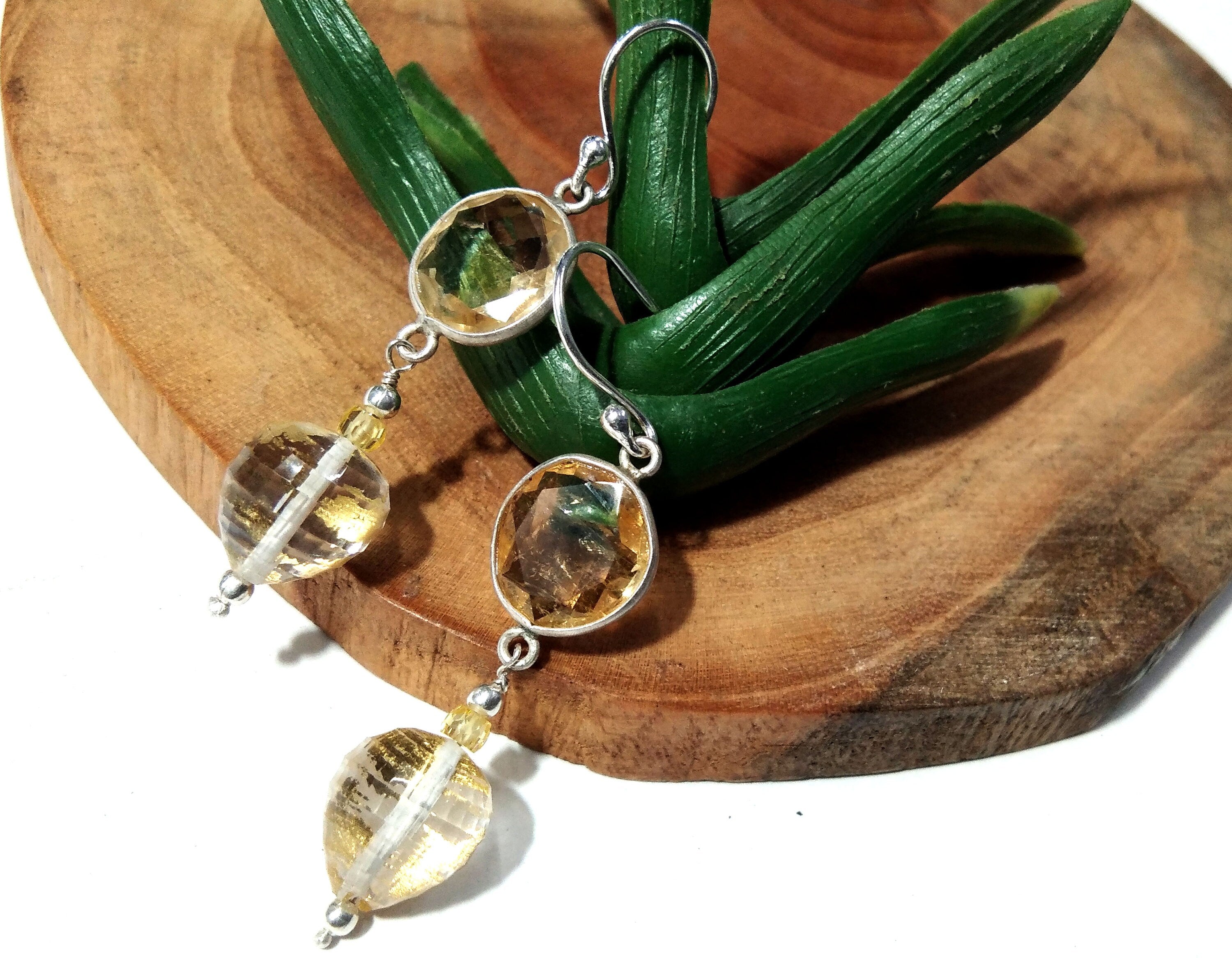 Natural Doublet Gemstone Crystal Quartz & Citrine Earrings, Amazing Color Gemstone With 925 Silver Earring, For Girls/Women