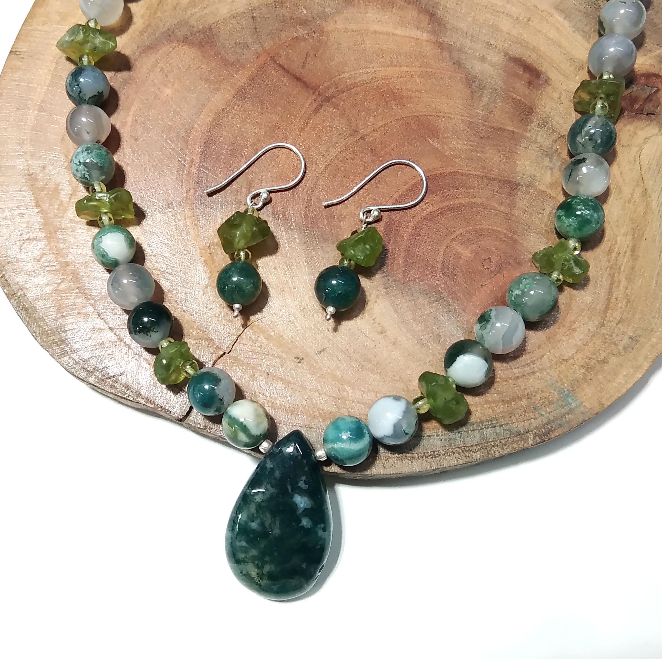 Fabulous Natural Moss Agate/Peridot Gemstone Beads Necklace Set Jewelry, 925 Sterling Silver Necklace Beaded Necklace Statement For Jewelry