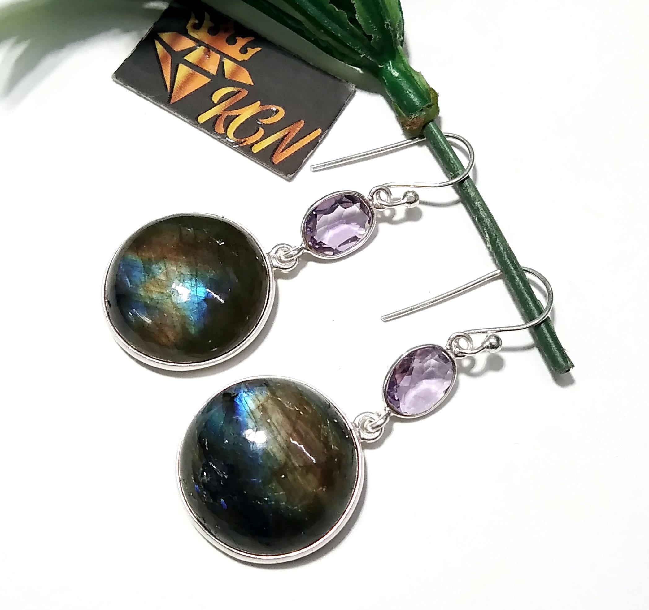 Labradorite, Amethyst Gemstone Earring, 925 Solid Starling Silver Earring, Natural Labradorite Stone Size 20x20mm Gift For Girls & Women.