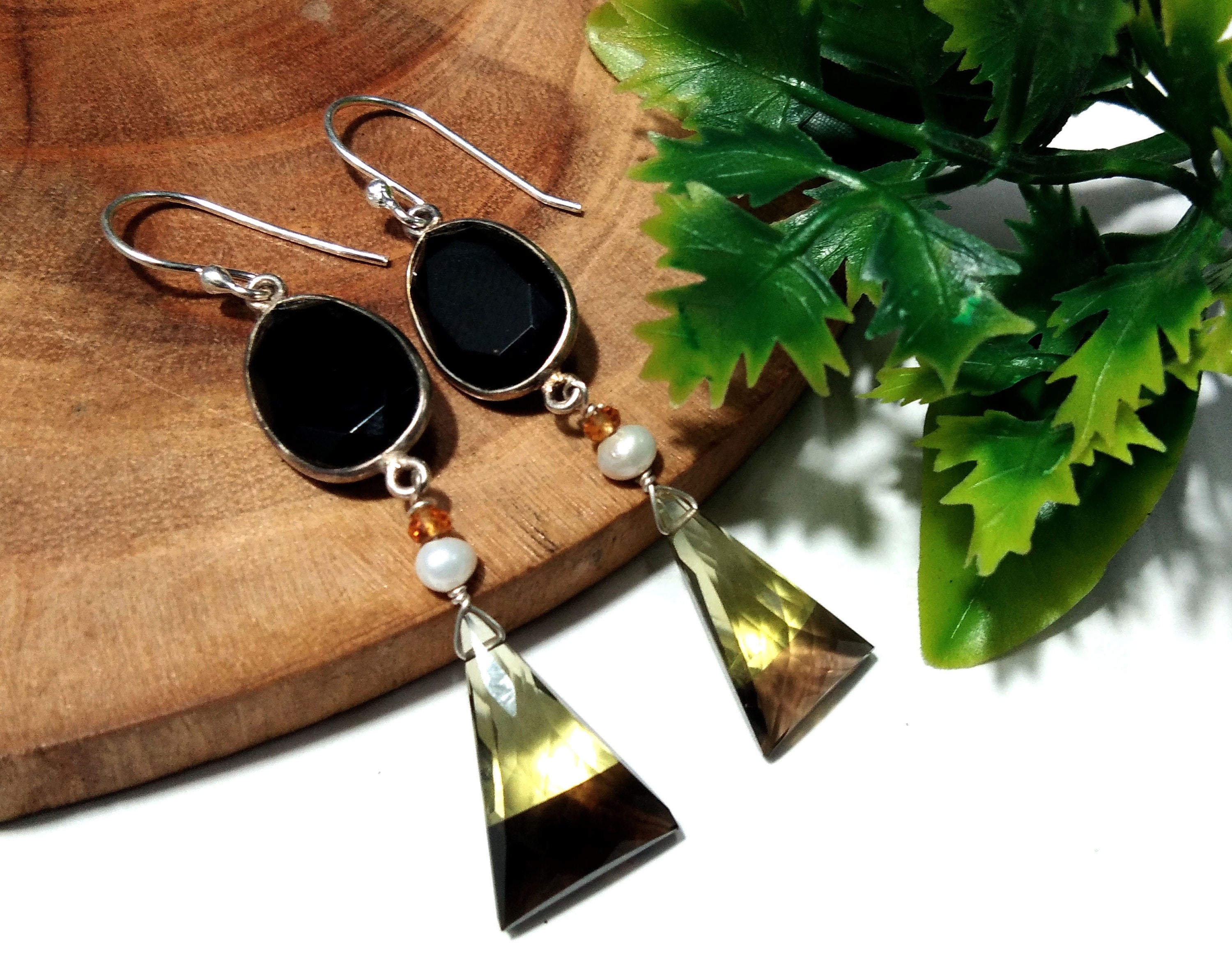 Natural Doublet Gemstone Lemon & Smoky Quartz Multi Stone Earrings, With 925 Starling Silver Jewelry Earring, For Gifts Girls/Women