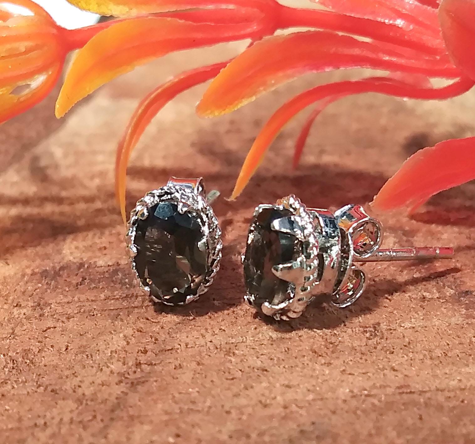 Natural Smoky Quartz Stud Earrings, 925 Starling Silver Earring Jewelry, Smoky Quartz Gemstone Oval Shape Stone Size 7x5 mm Gift For women.