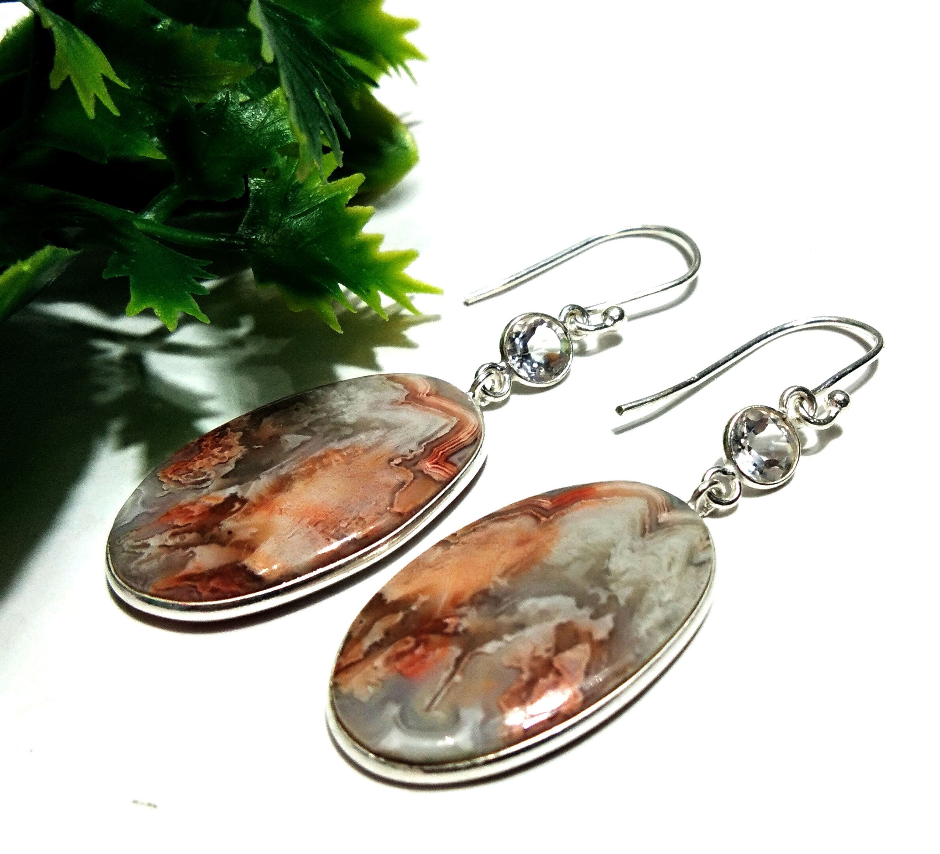 Natural Crazy lace Agate/White Topaz Stone Earring, 925 Solid Starling Silver Earring Oval Shape Stone Size 25x17mm Gift Girls/Women Earring