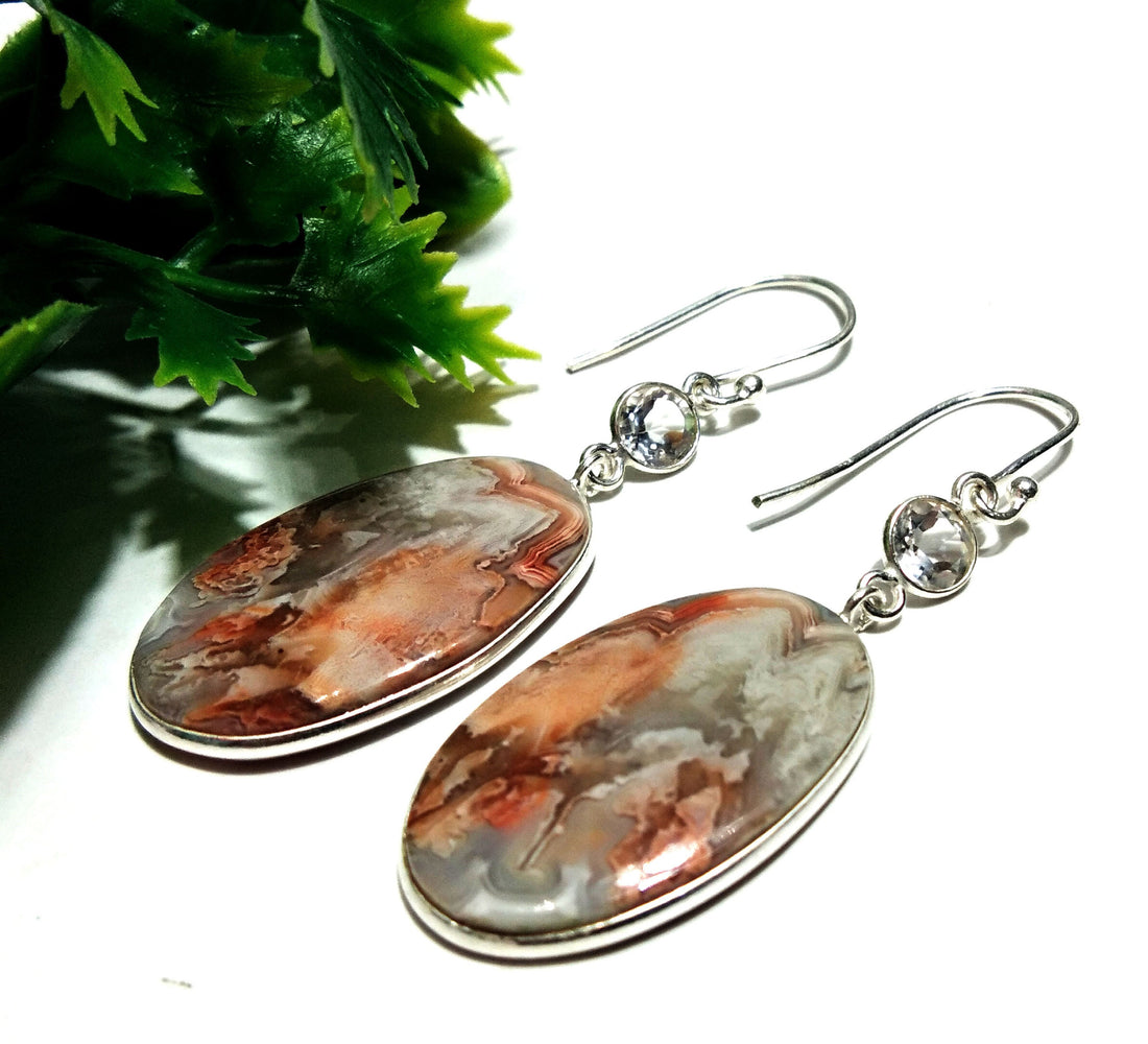 Natural Crazy lace Agate/White Topaz Stone Earring, 925 Solid Starling Silver Earring Oval Shape Stone Size 25x17mm Gift Girls/Women Earring