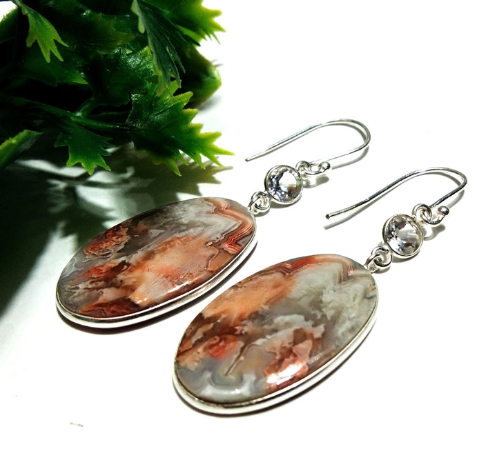 Natural Crazy lace Agate/White Topaz Stone Earring, 925 Solid Starling Silver Earring Oval Shape Stone Size 25x17mm Gift Girls/Women Earring