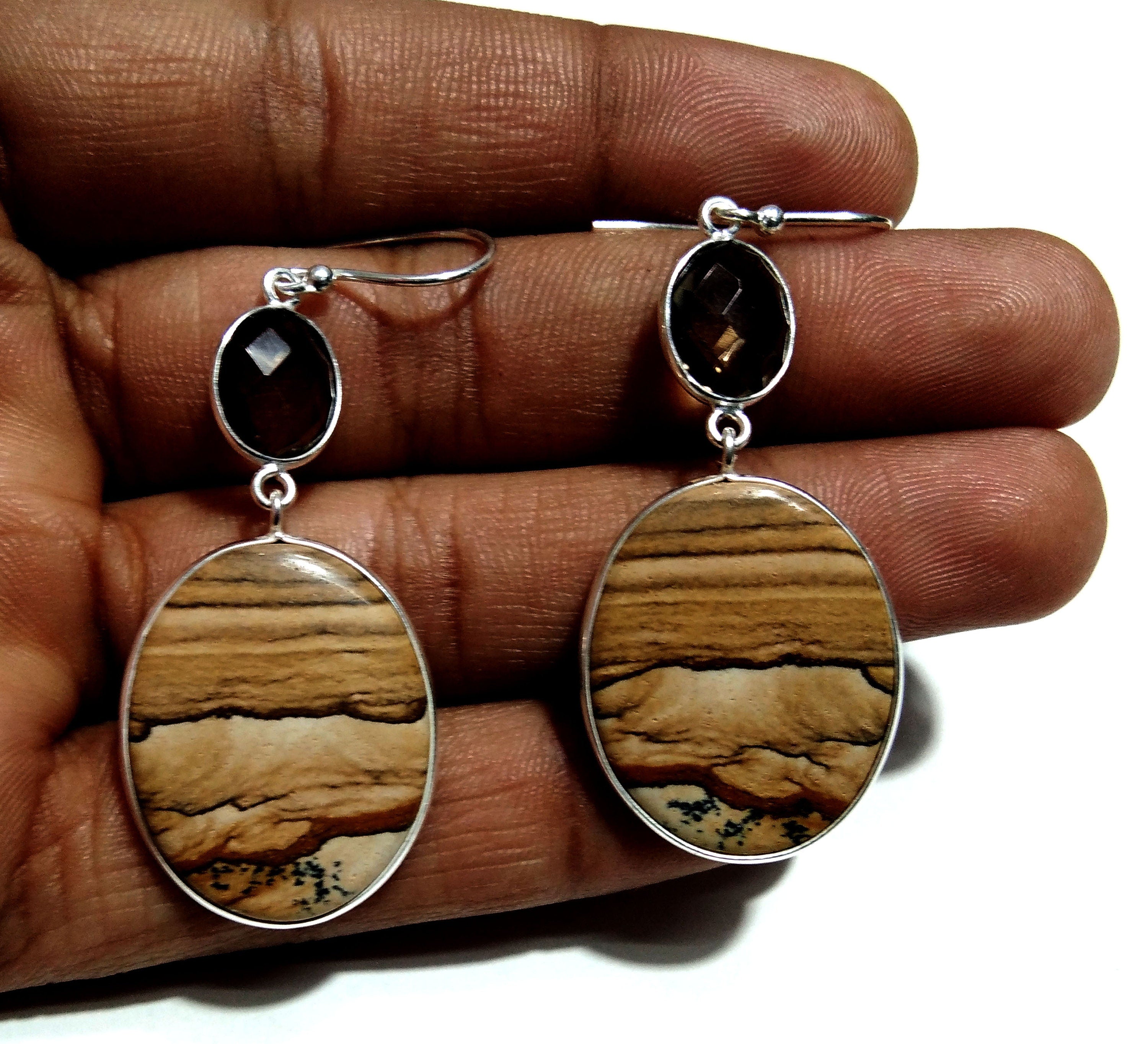 Natural Picture Jasper Earring Gemstone, 925 Solid Starling Silver Earring Jewelry Oval Shape Stone Size 24x19 mm Jasper For Gift Earring