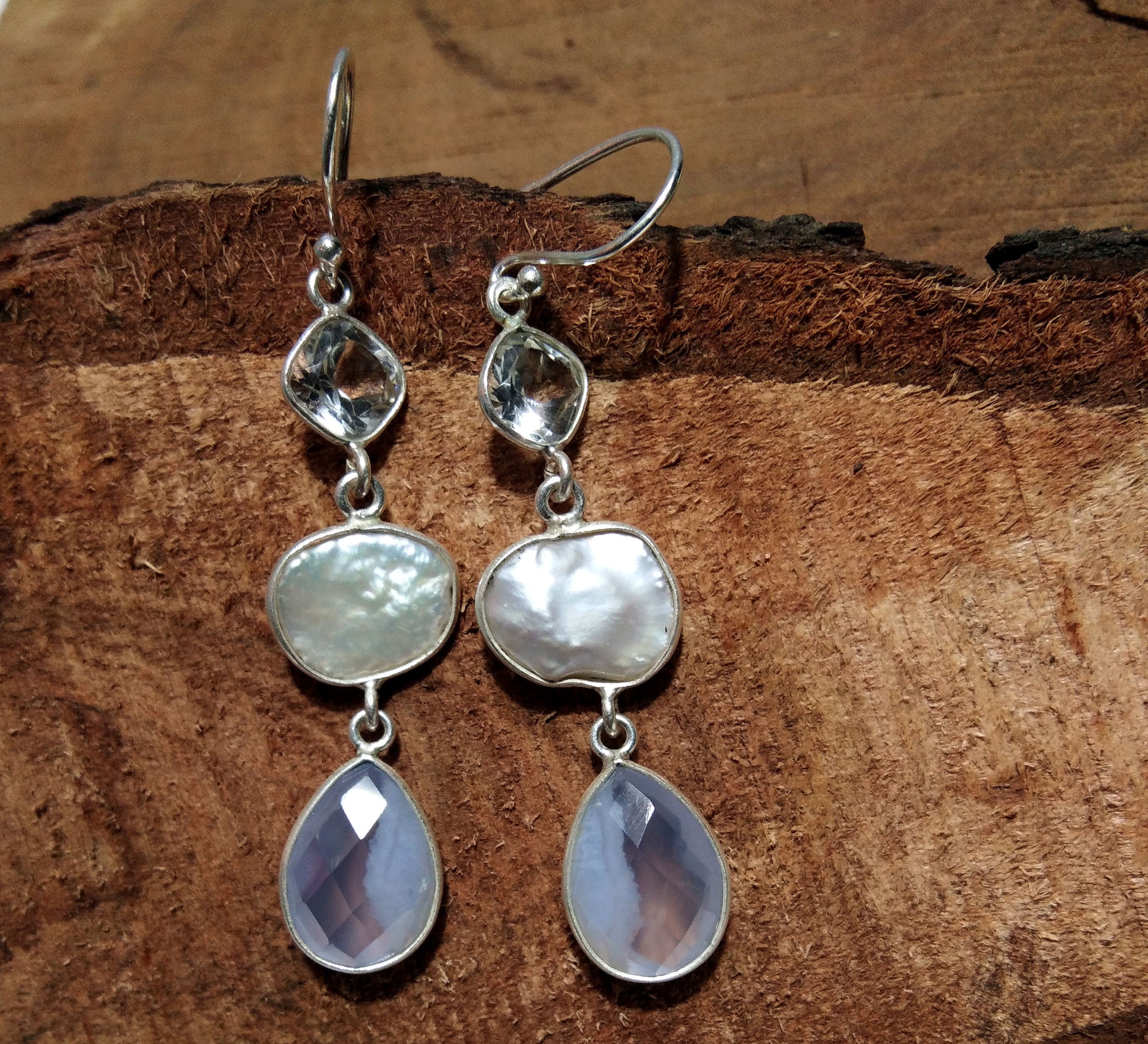 Natural Fresh Water Baroque Pearl/Topaz/Blue Chalcedony Stone Drop Earring, 925 Solid Starling Silver Earring Gemstone, Gift Earring Jewelry