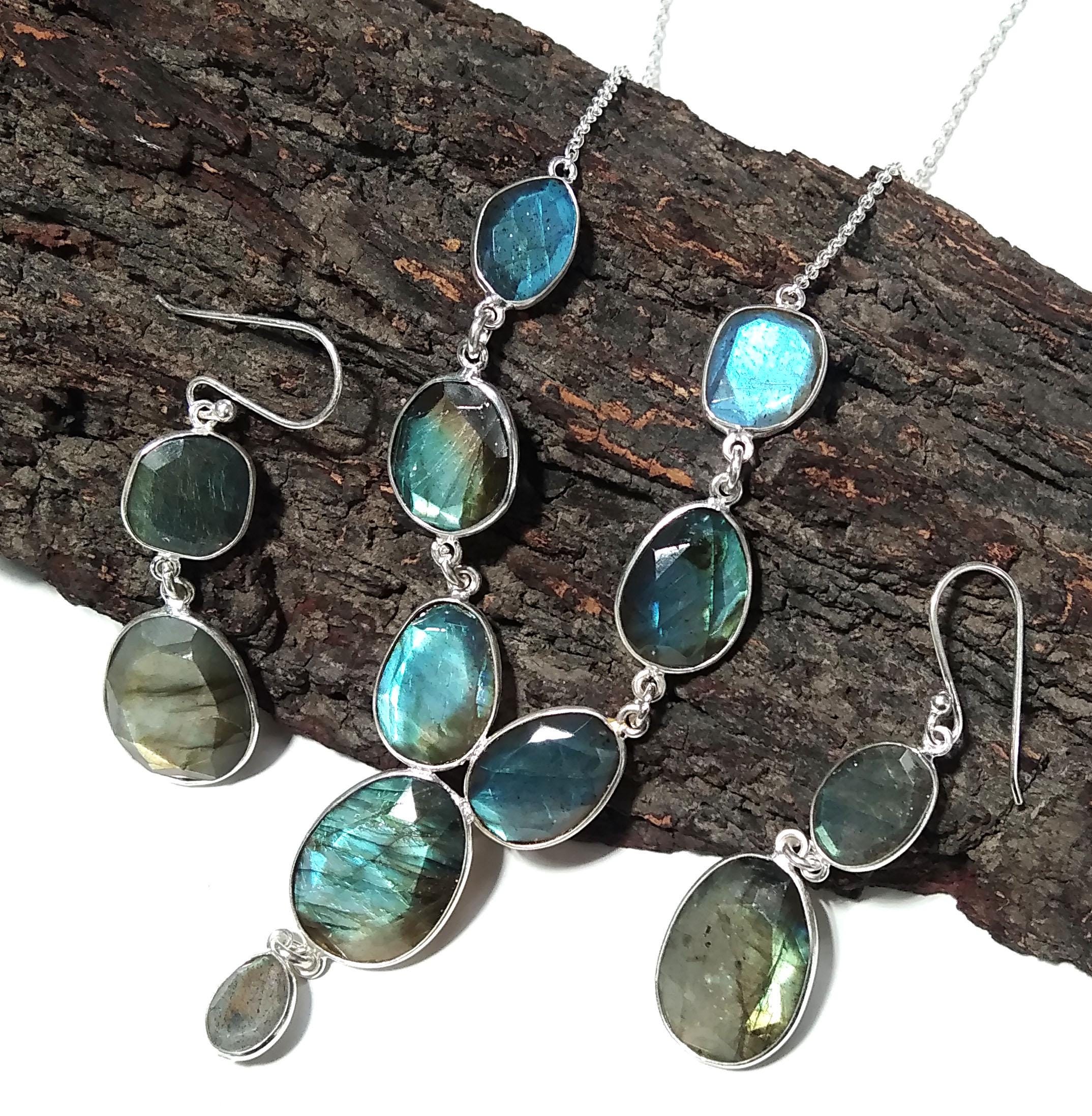 Natural Labradorite Multi Fire Gemstone Necklace Earring Jewelry Set, 925 Sterling Silver Necklace Earring, Handmade Jewelry Gift For Women