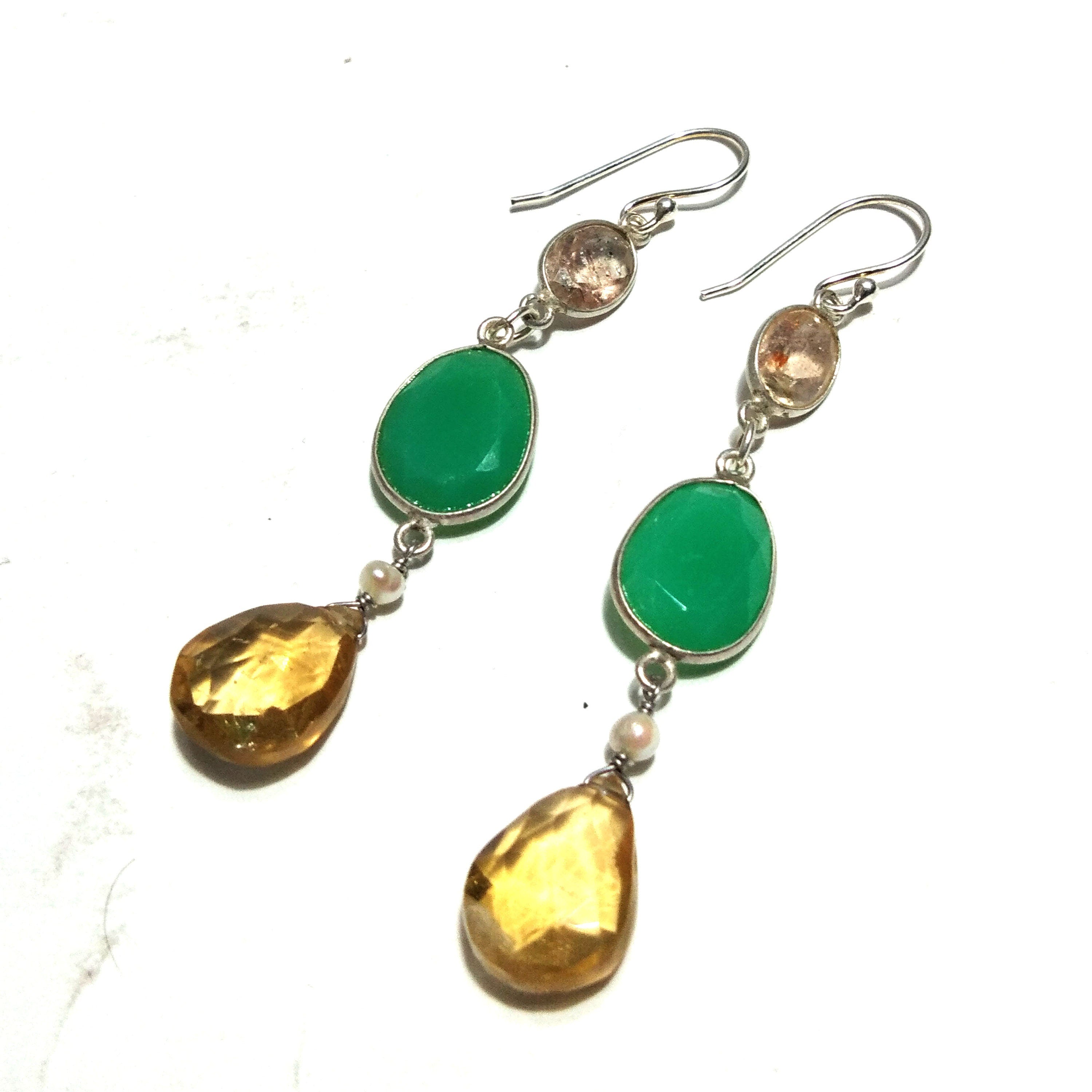 Natural Chrysoprase/Citrine Earring, 925 Solid Starling Silver Earring, Chrysoprase Stone Handmade Jewelry for Gift Women Earring