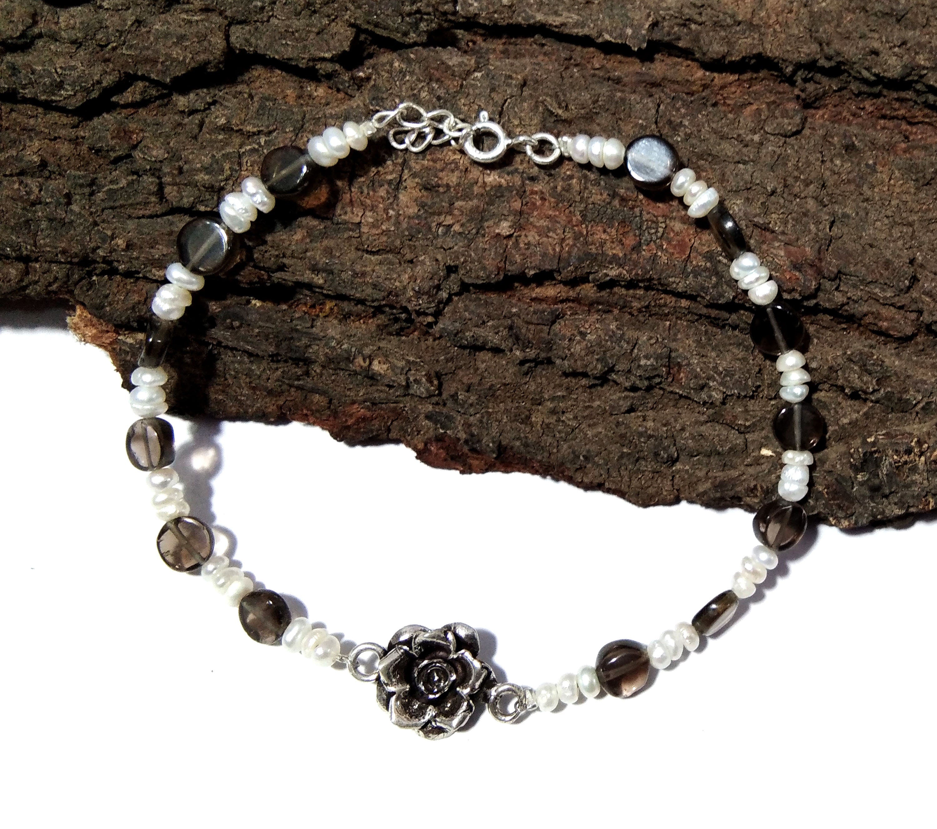 20%Off ! Freshwater Pearl & Smoky Quartz Bracelet, Pearl Jewelry, Solid 925 Sterling Silver Stone Bracelet, Bridesmaid Gift, Bridal Bracelet