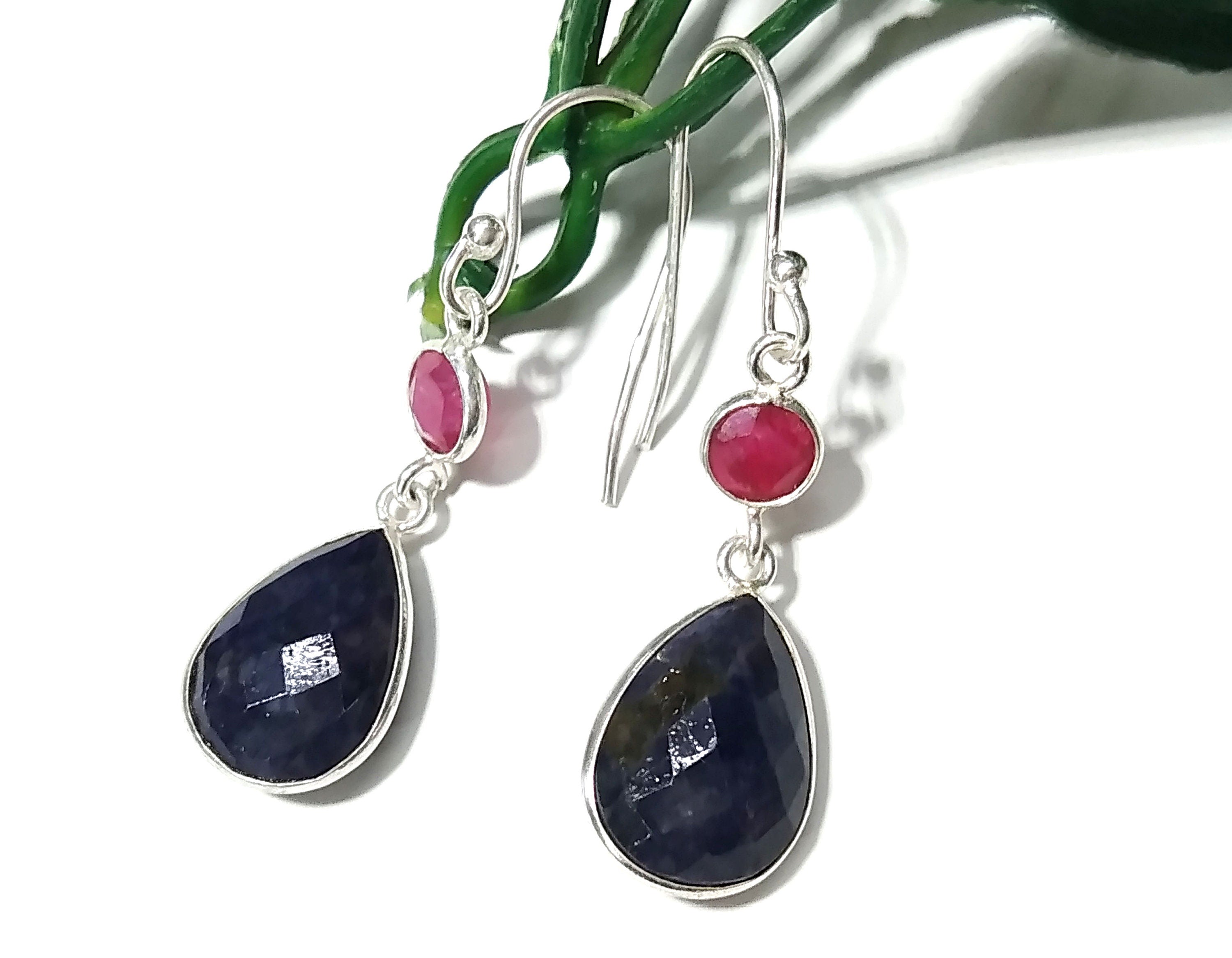 Beautiful Earring, Blue Sapphire & Red Ruby Earring, Natural Gemstone Faceted Earring, 925 Starling Silver Earring, Handmade Bezel Earring's