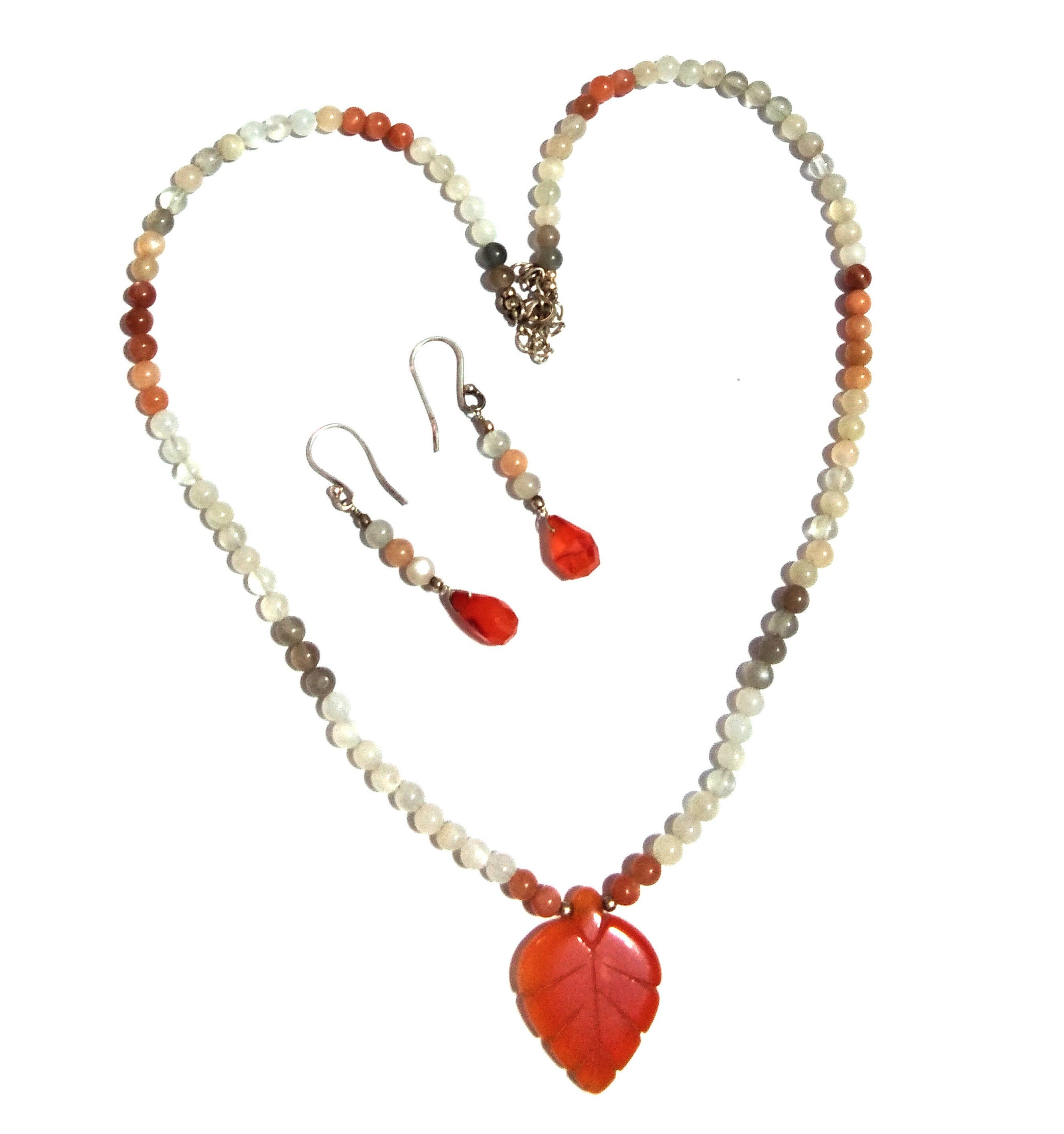 Natural Orange Carnelian/Peach Moonstone Gemstone Beads Necklace Set Jewelry, 925 Sterling Silver Necklace Beaded Necklace Statement Jewelry