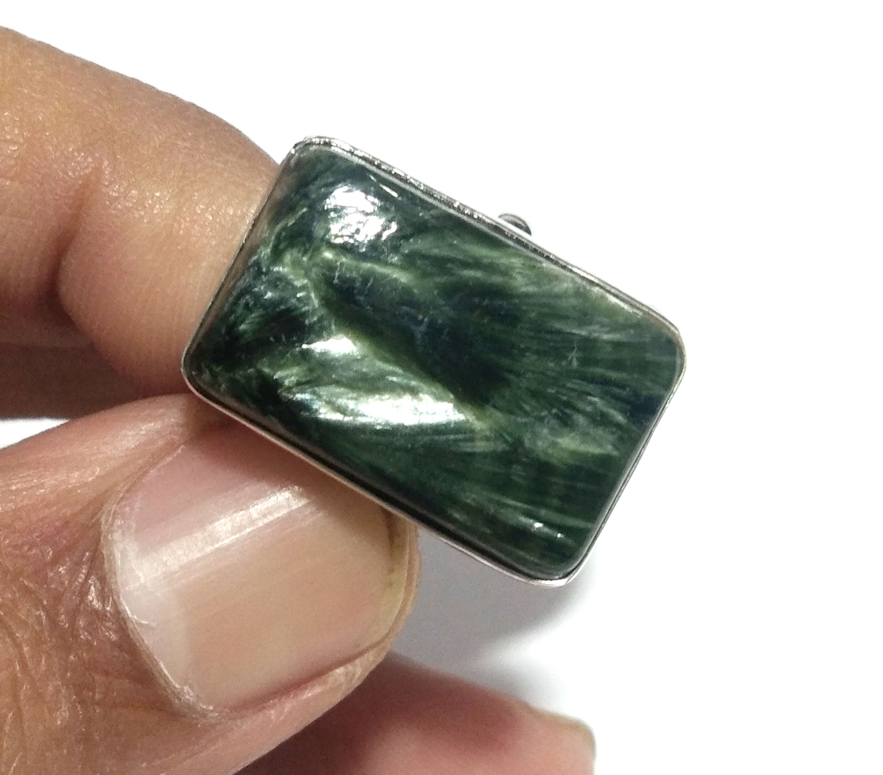 Natural Green Seraphinite Gemstone Ring, 925 Solid Sterling Silver Ring, Seraphinite Stone Size 21x14 mm Handmade Ring, Gift Promise Ring
